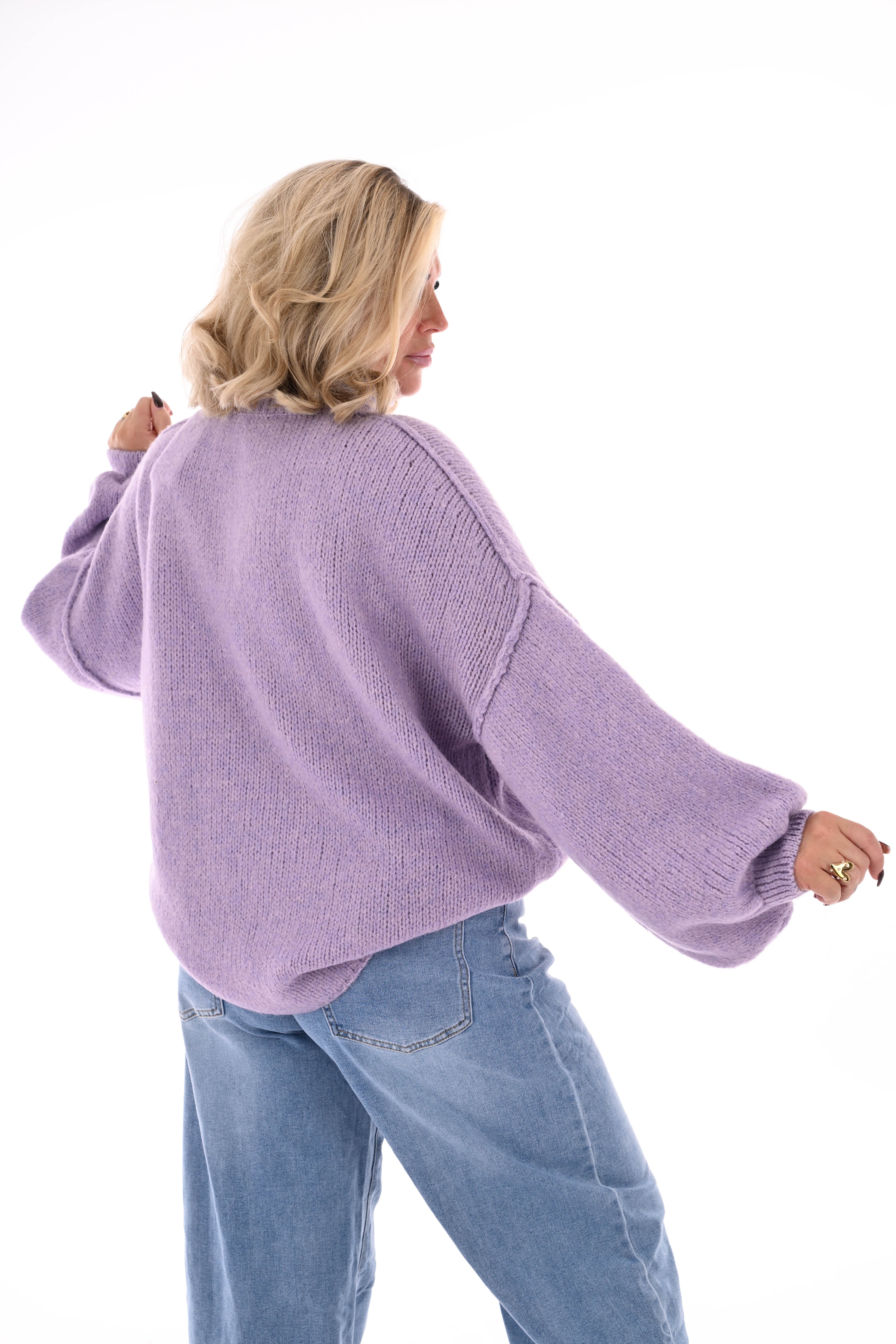 Gebreide trui turtle neck met pofmouwen lila
