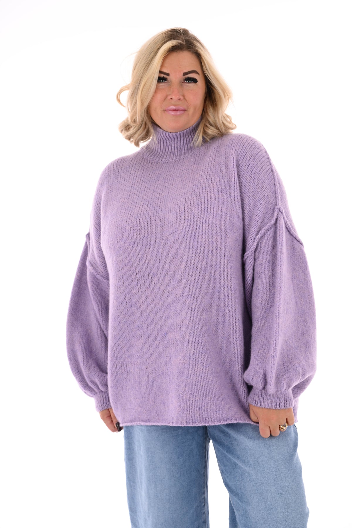 Gebreide trui turtle neck met pofmouwen lila