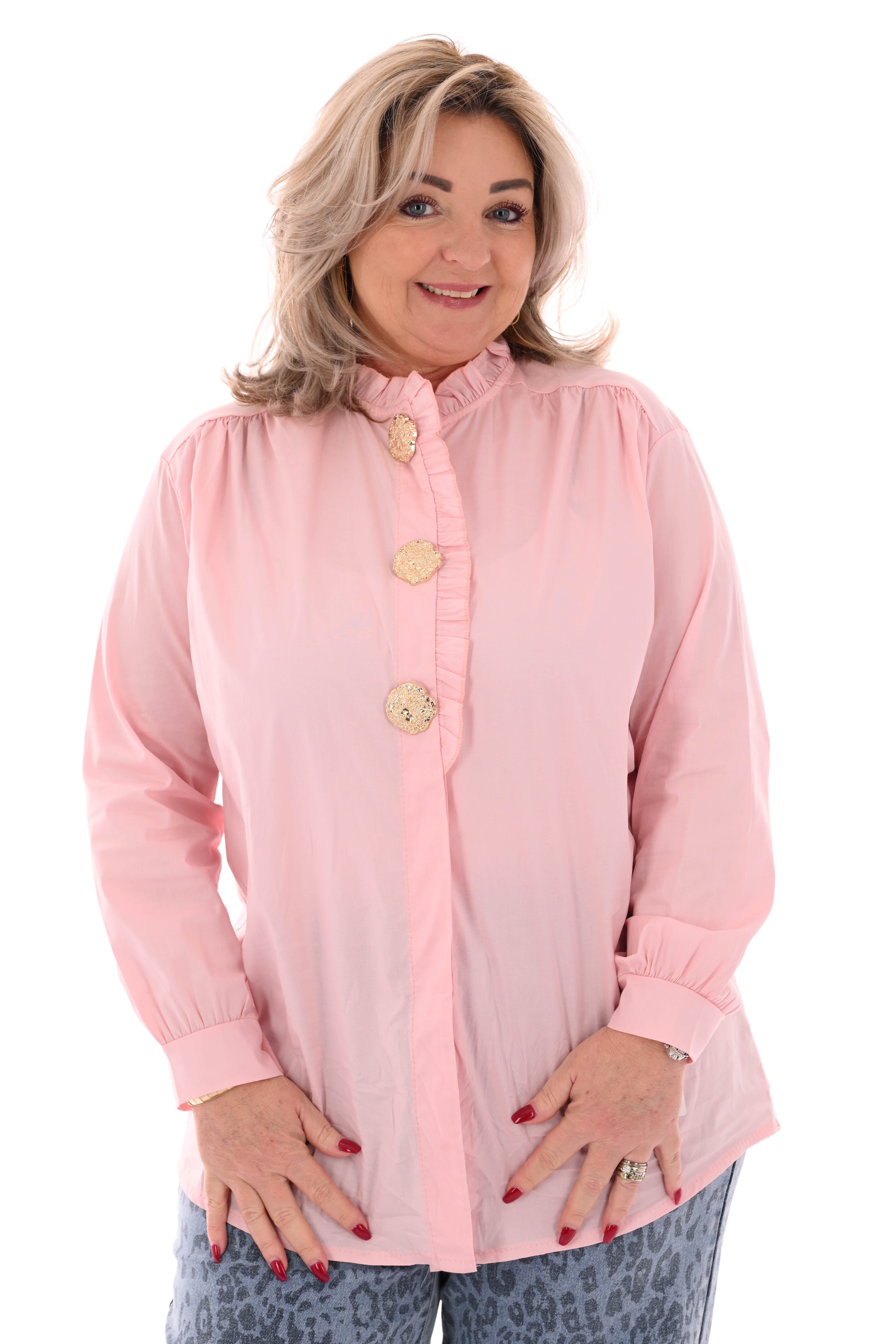 Blouse roezelkraag grote knopen lichtroze
