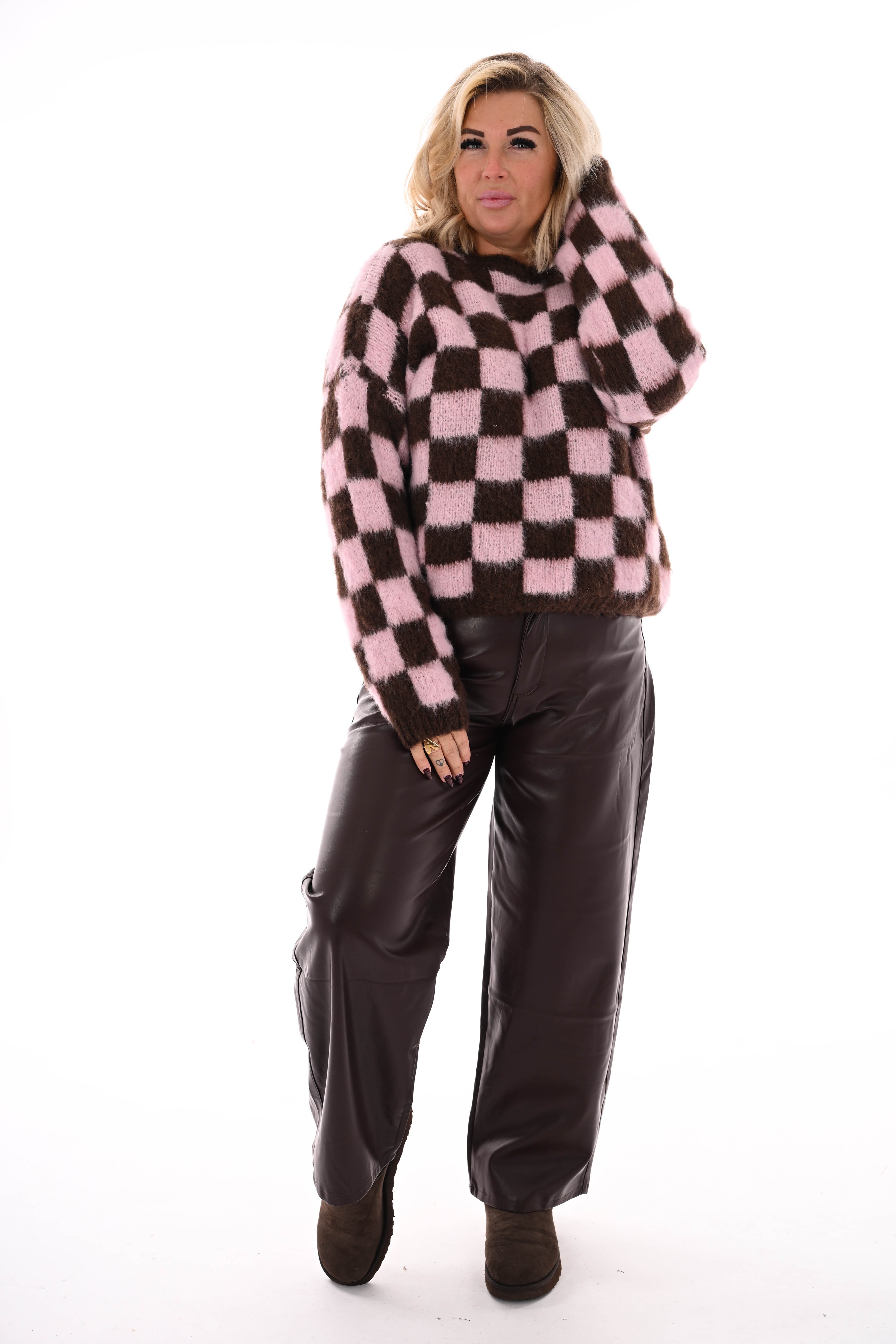 Gebreide trui blokjes lichtroze/bruin