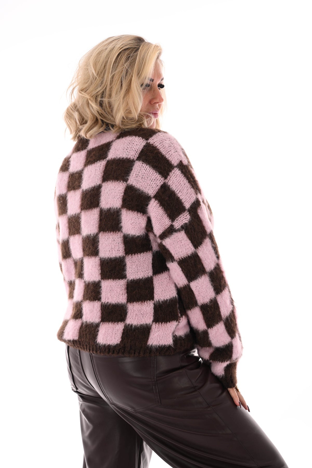 Gebreide trui blokjes lichtroze/bruin