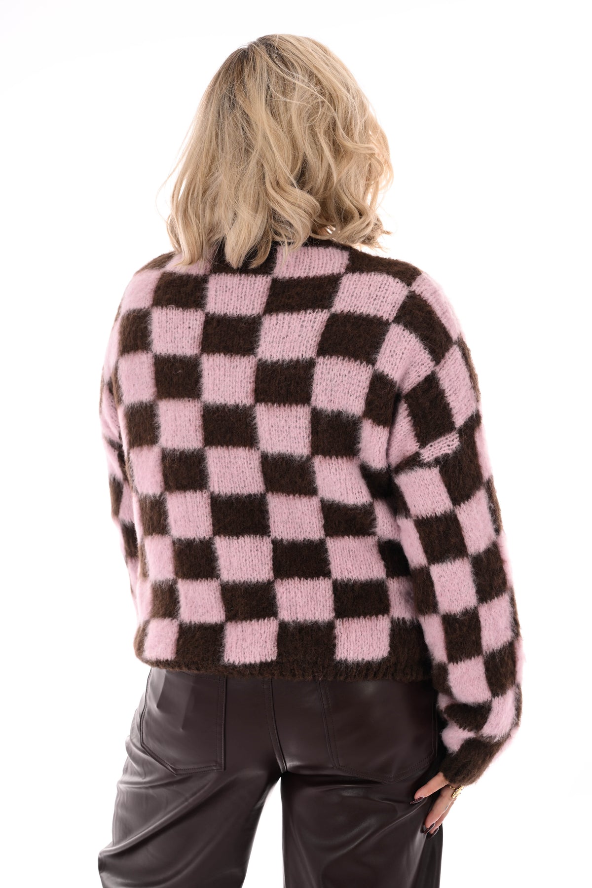 Gebreide trui blokjes lichtroze/bruin