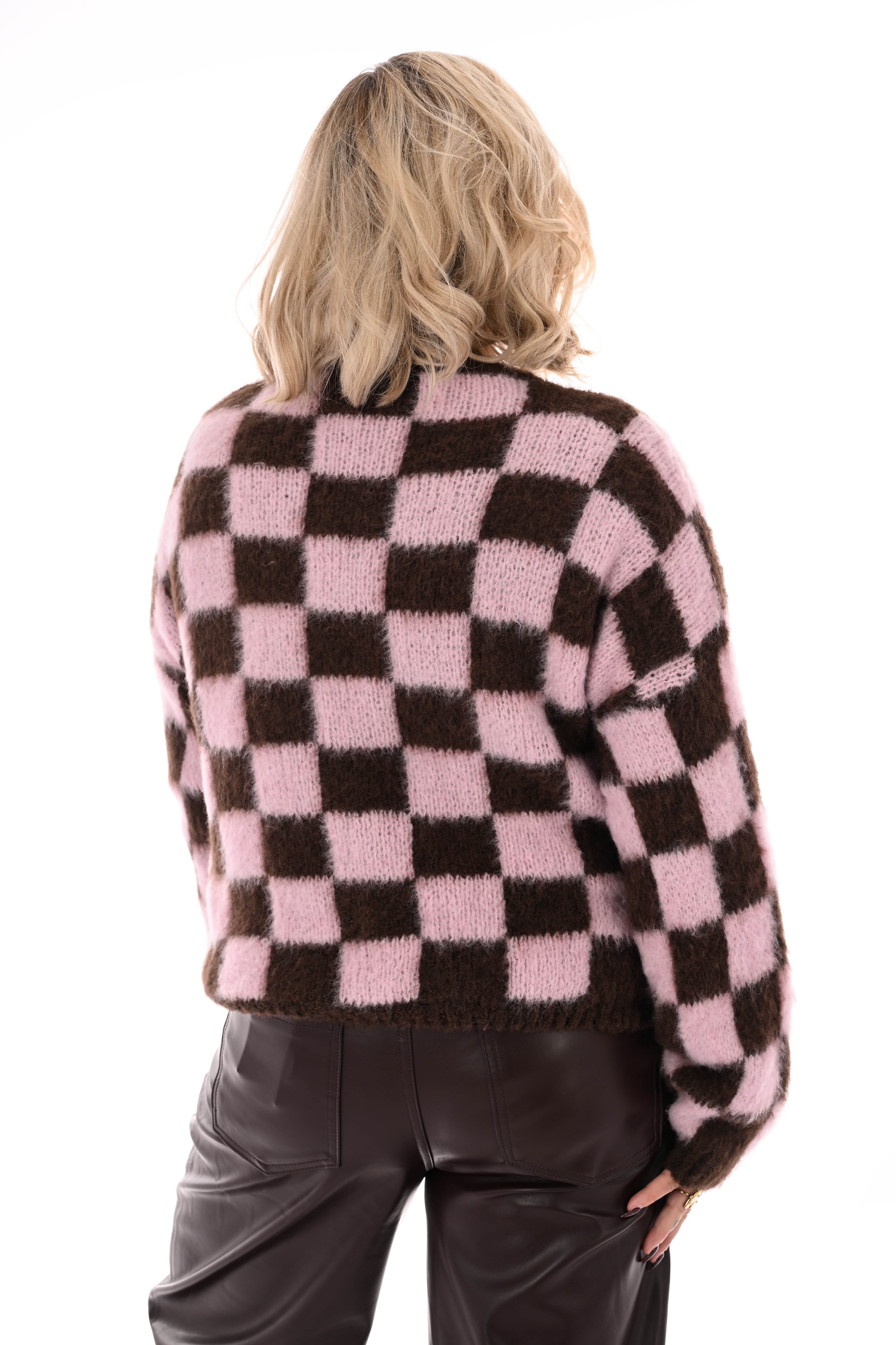 Gebreide trui blokjes lichtroze/bruin