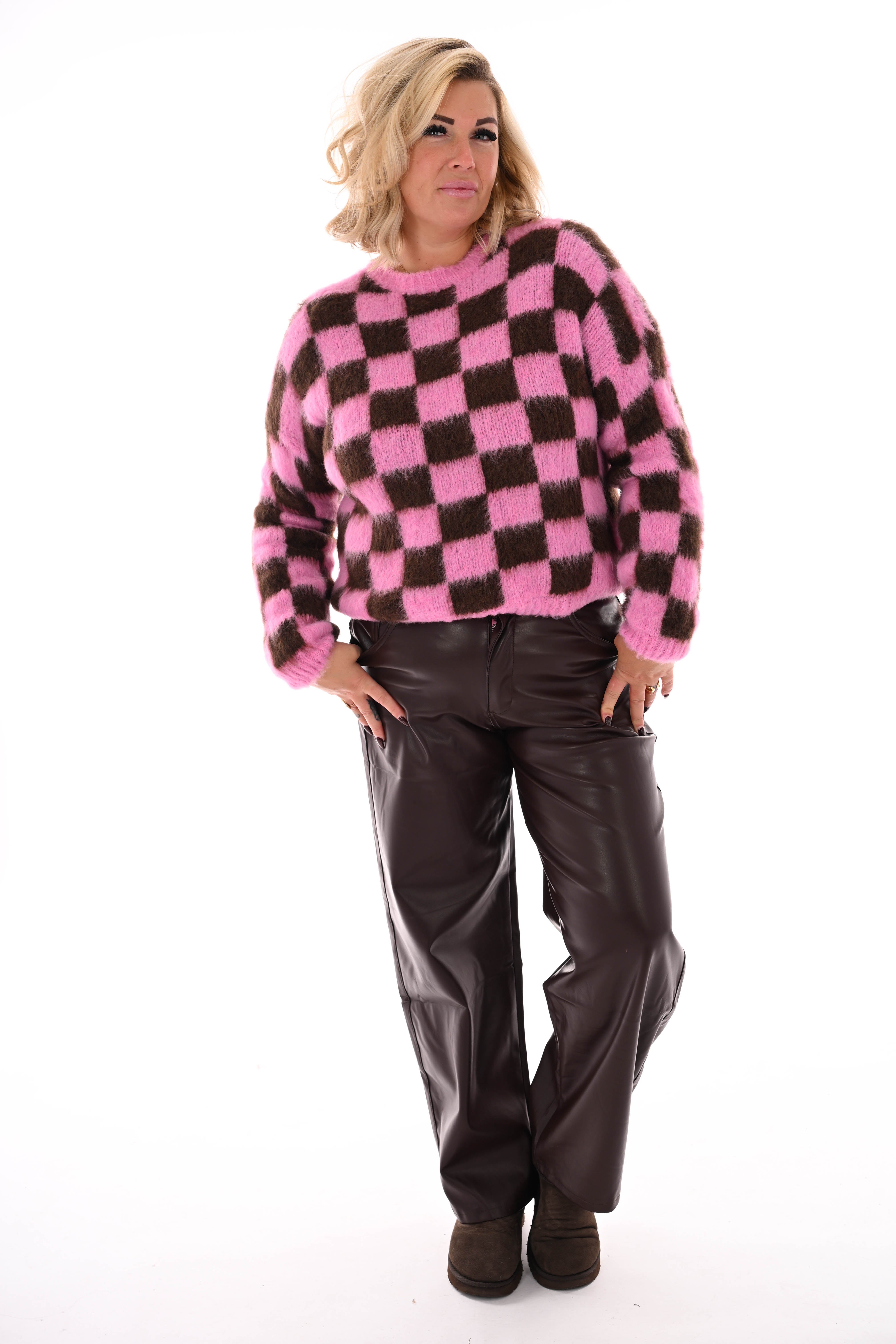 Gebreide trui blokjes roze/bruin