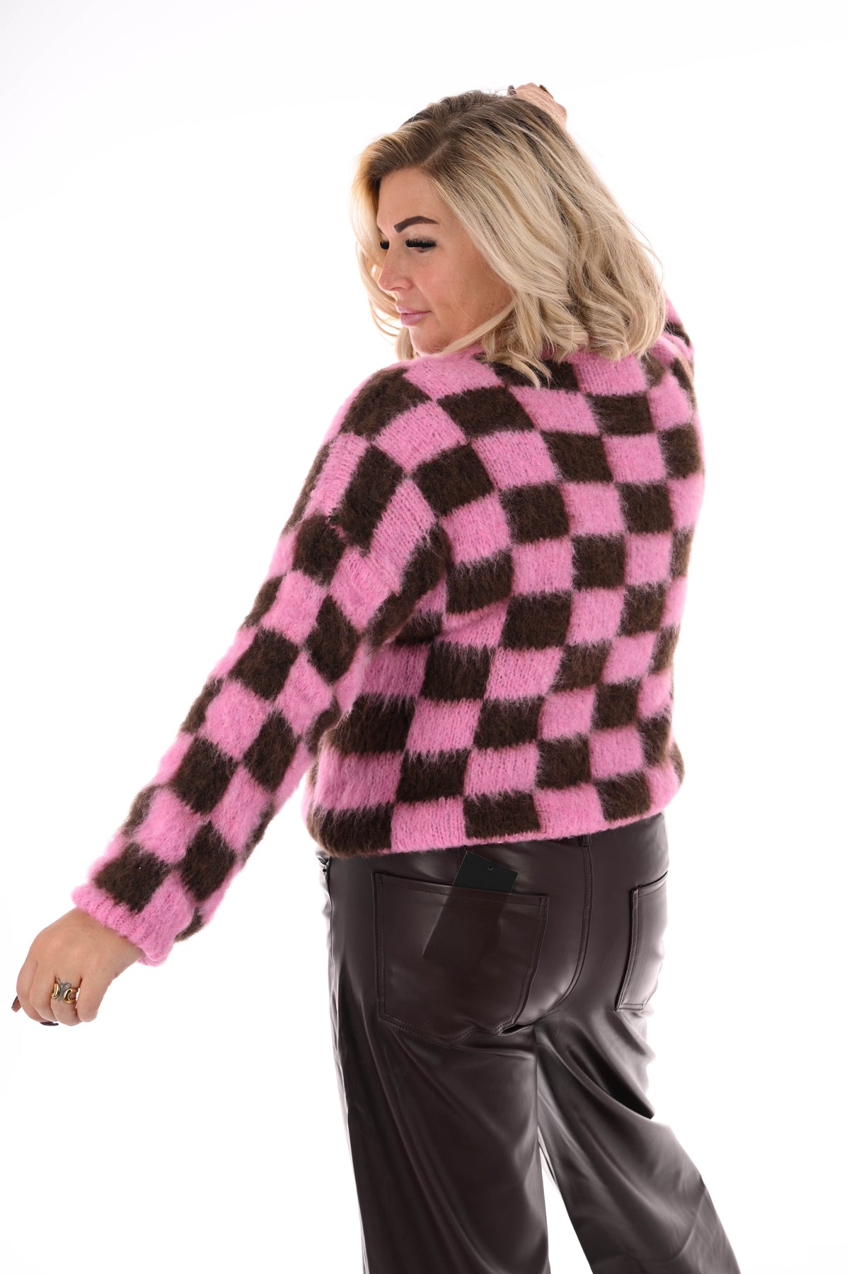 Gebreide trui blokjes roze/bruin