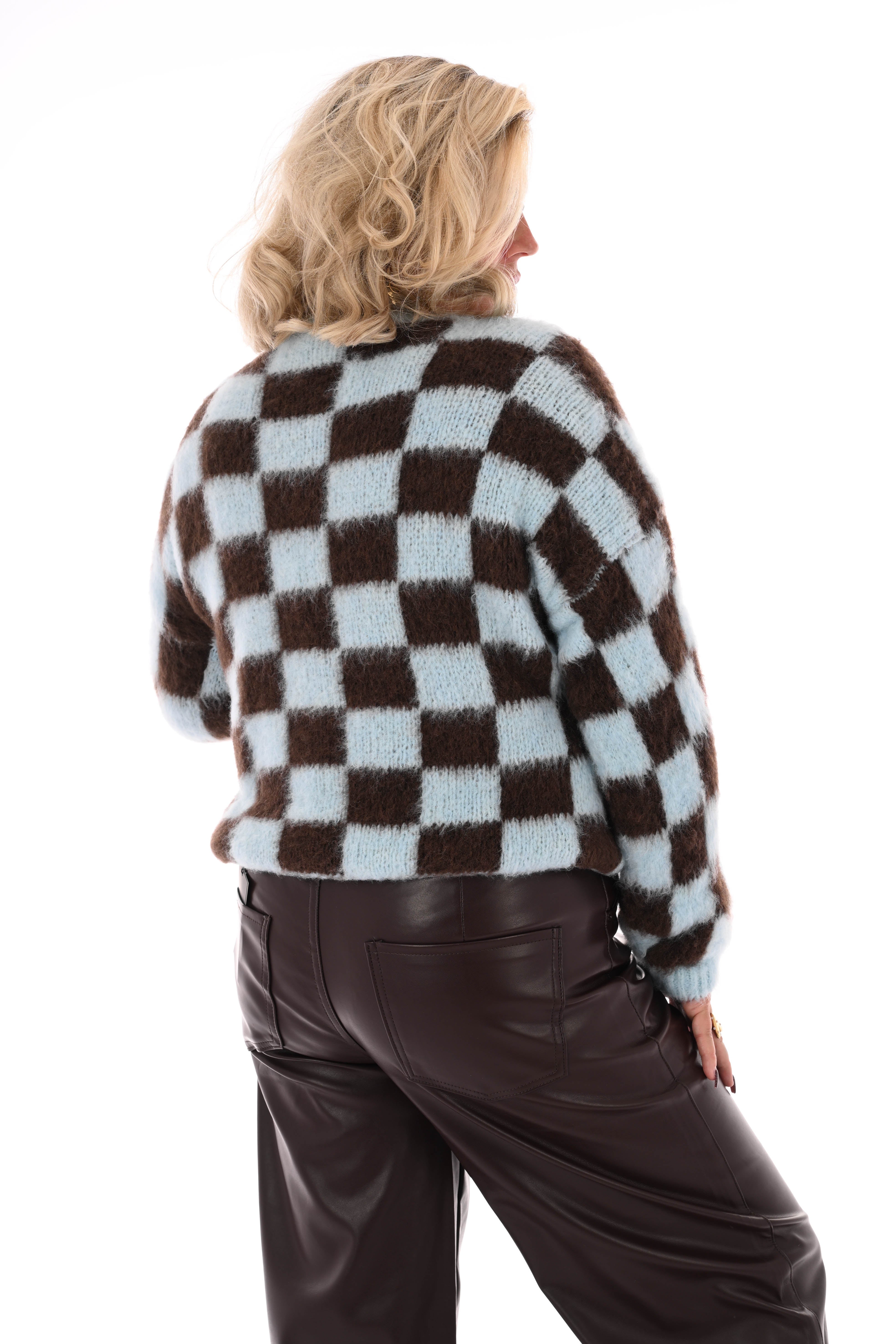 Gebreide trui blokjes lichtblauw/bruin