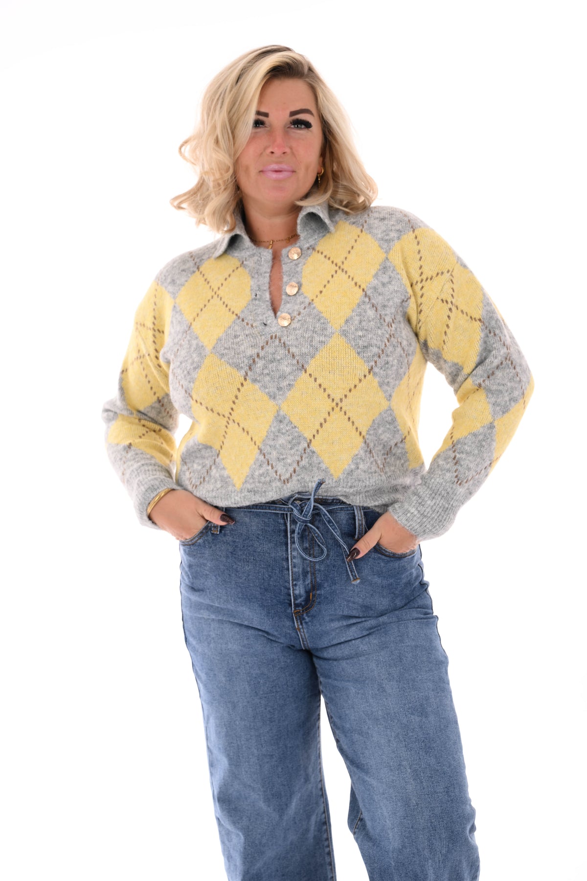 Trui ruiten met kraag grijs