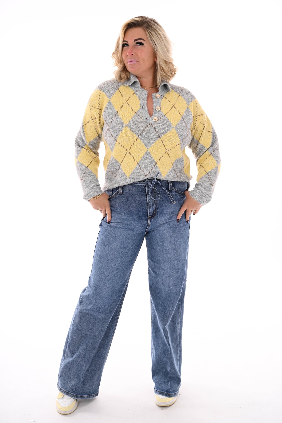 Trui ruiten met kraag grijs