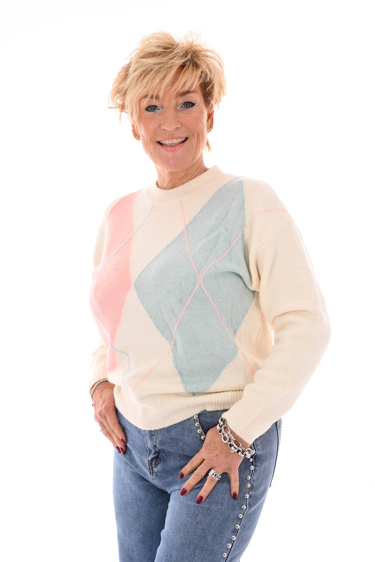 Trui ruitpatroon roze/blauw