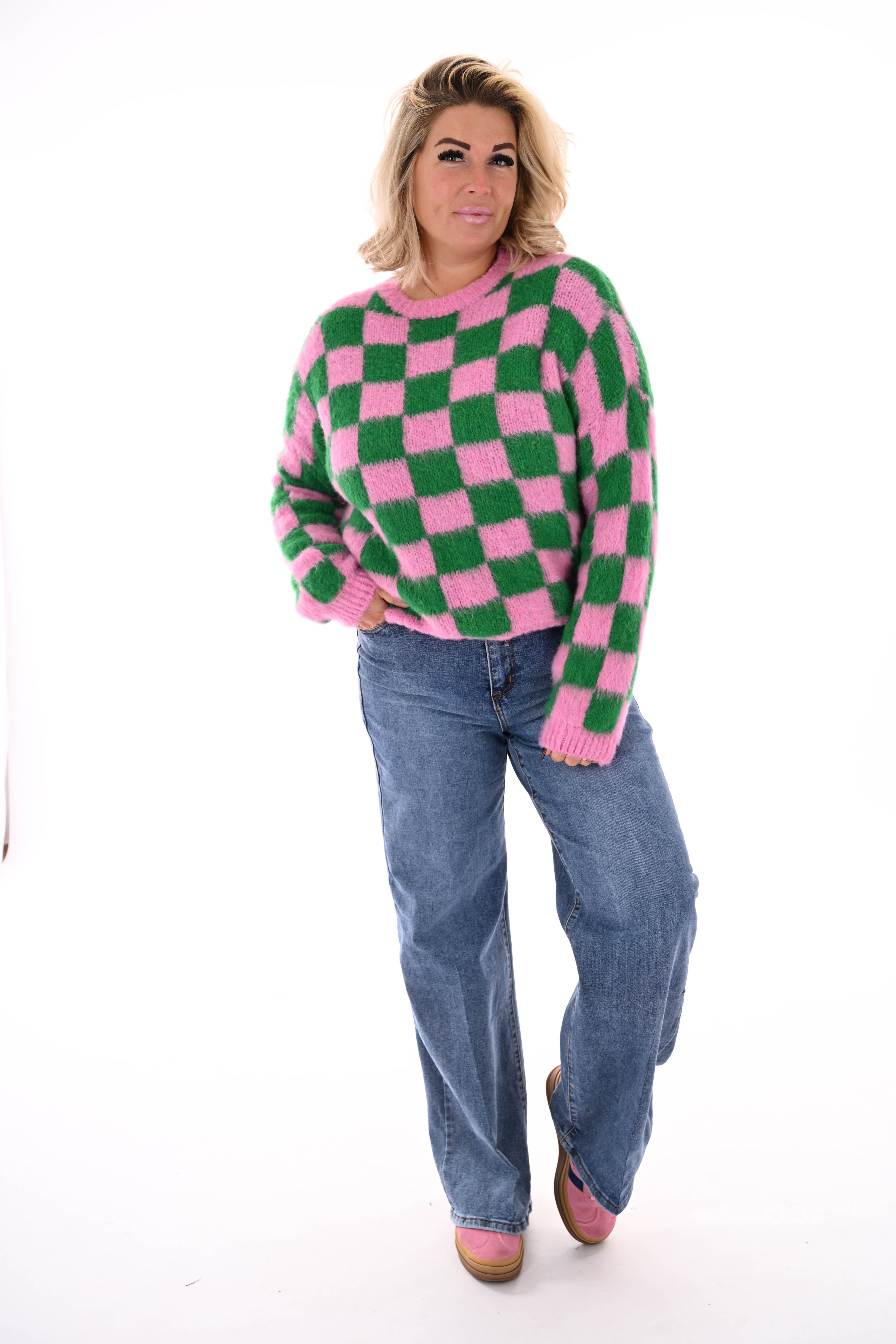 Gebreide trui blokjes roze/groen