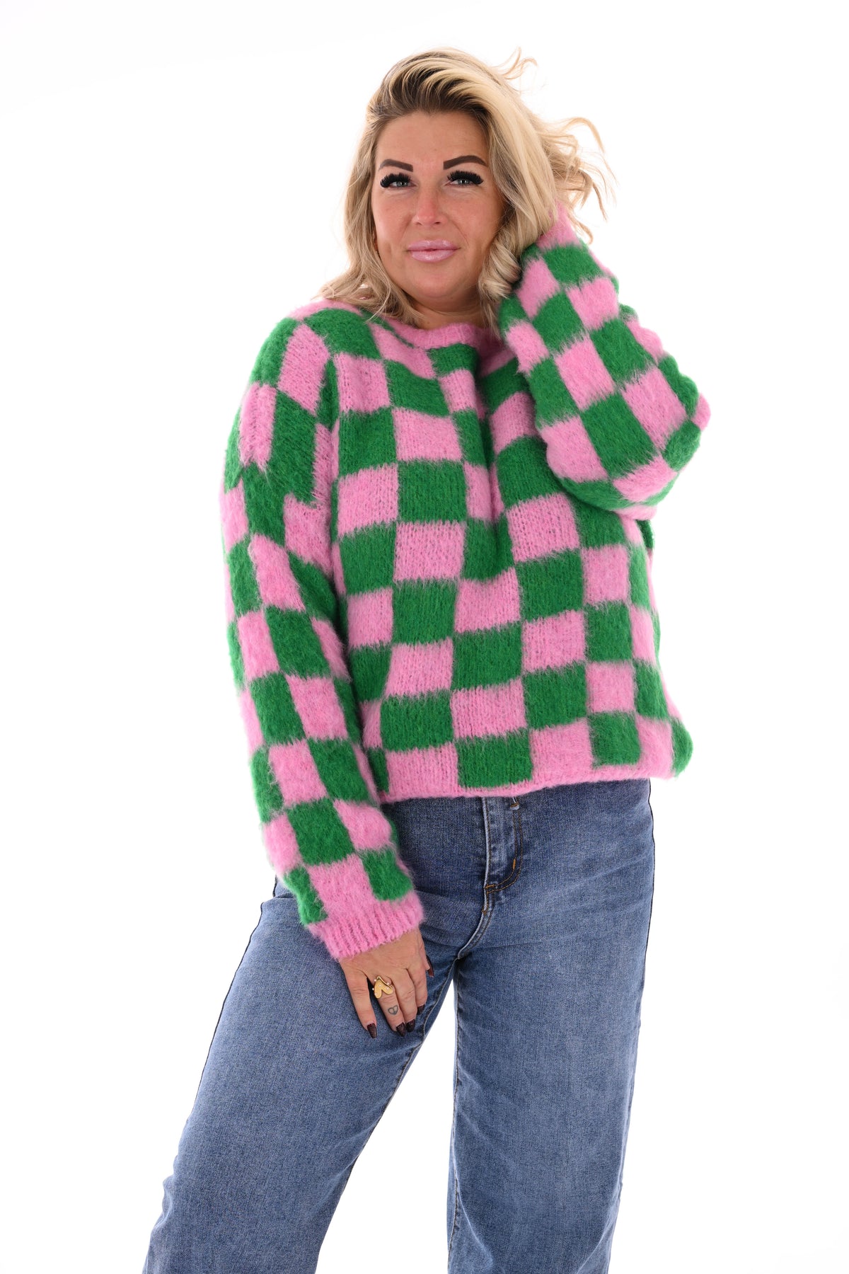 Gebreide trui blokjes roze/groen