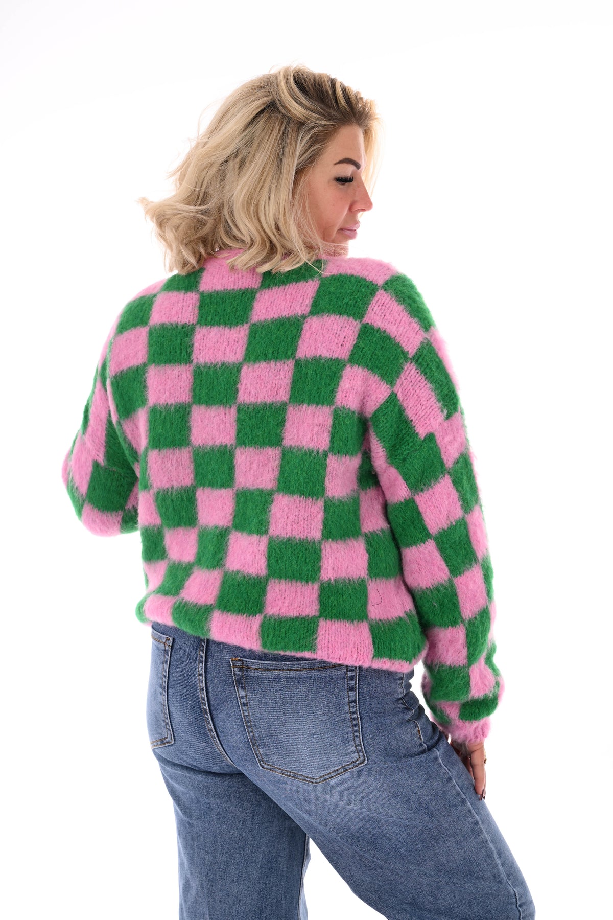 Gebreide trui blokjes roze/groen