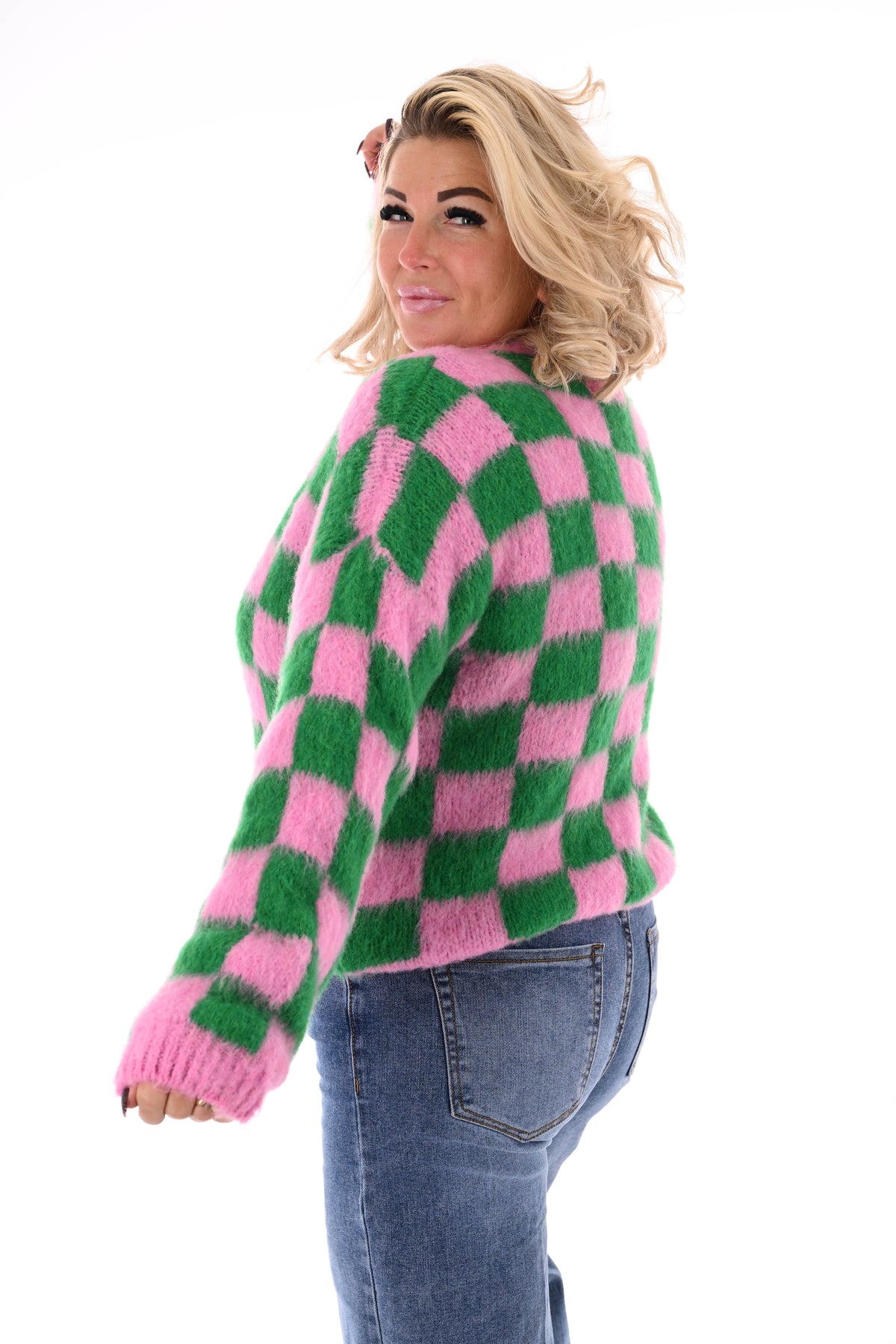 Gebreide trui blokjes roze/groen