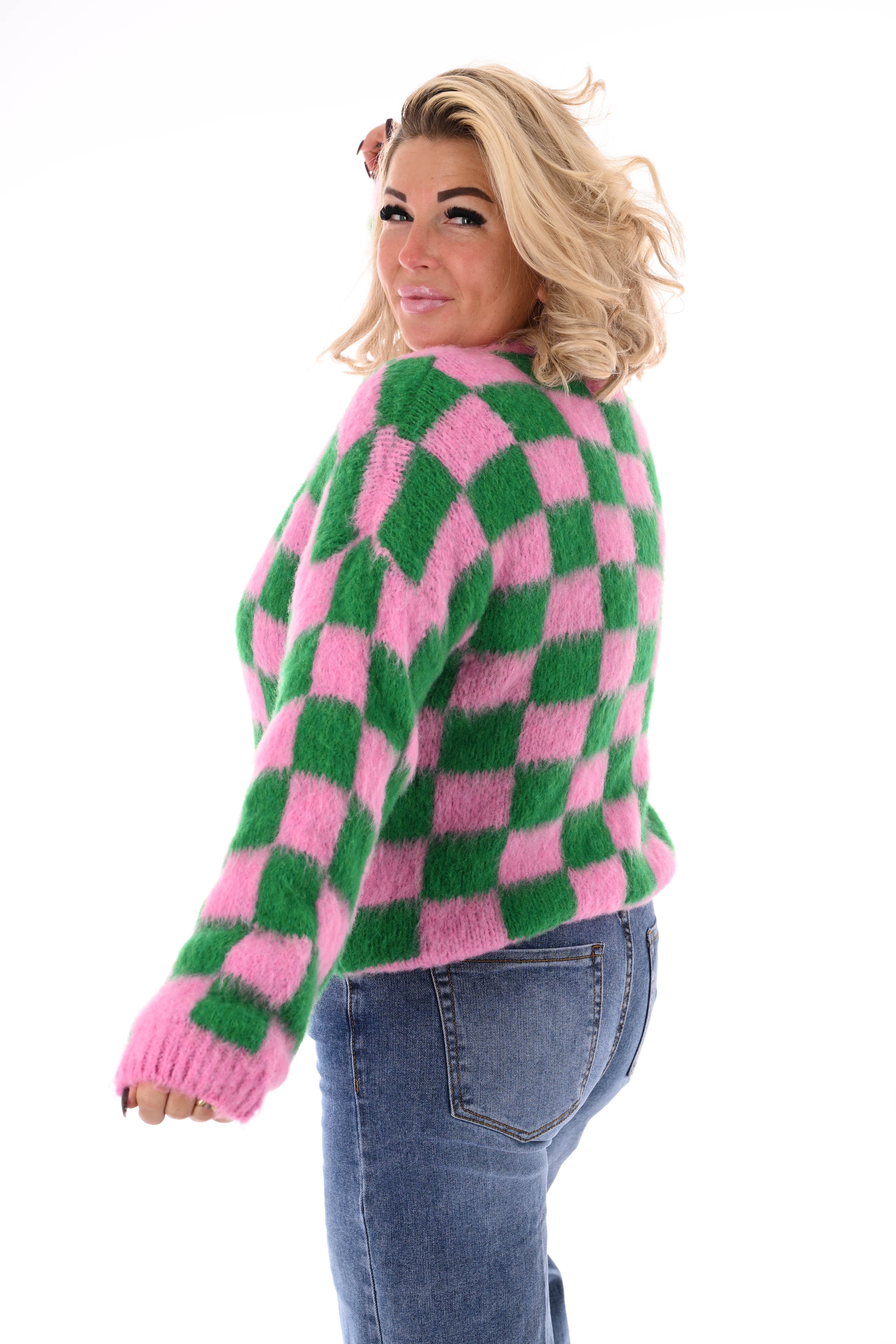 Gebreide trui blokjes roze/groen