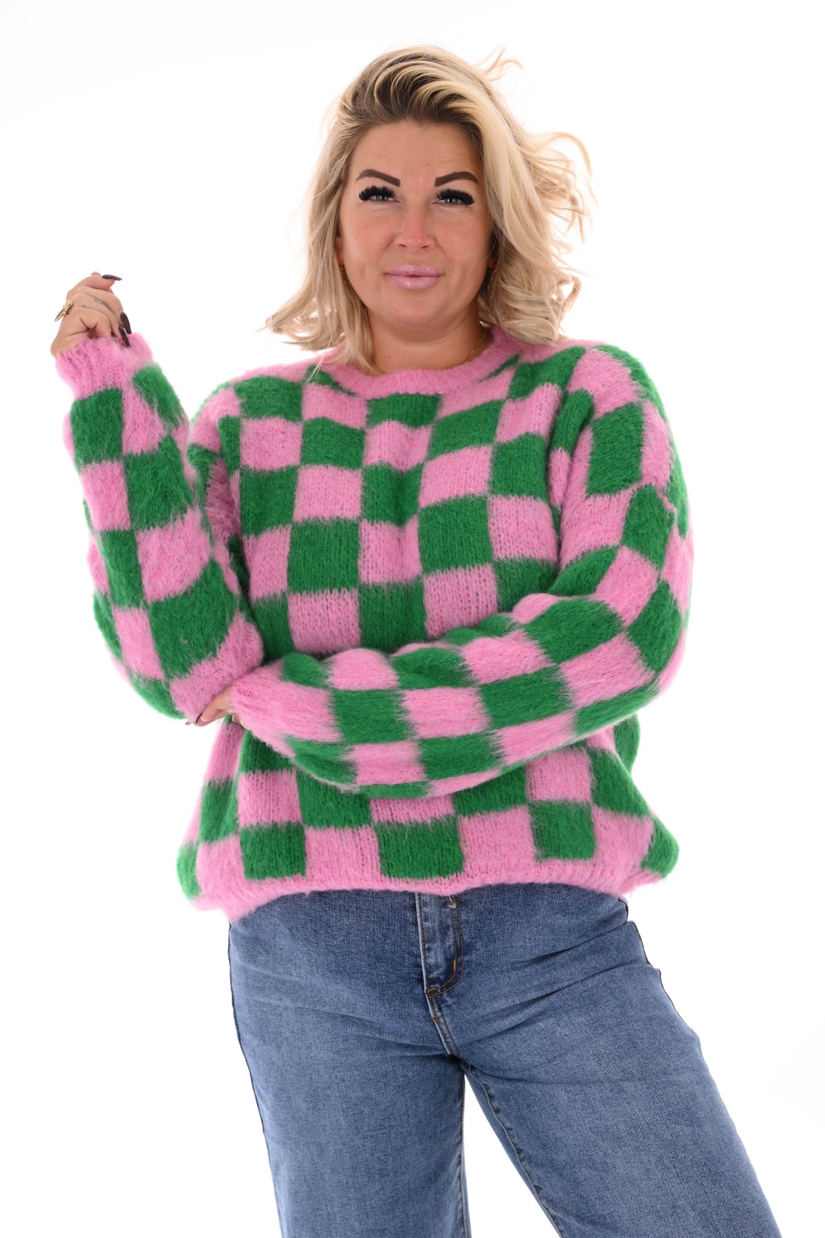 Gebreide trui blokjes roze/groen