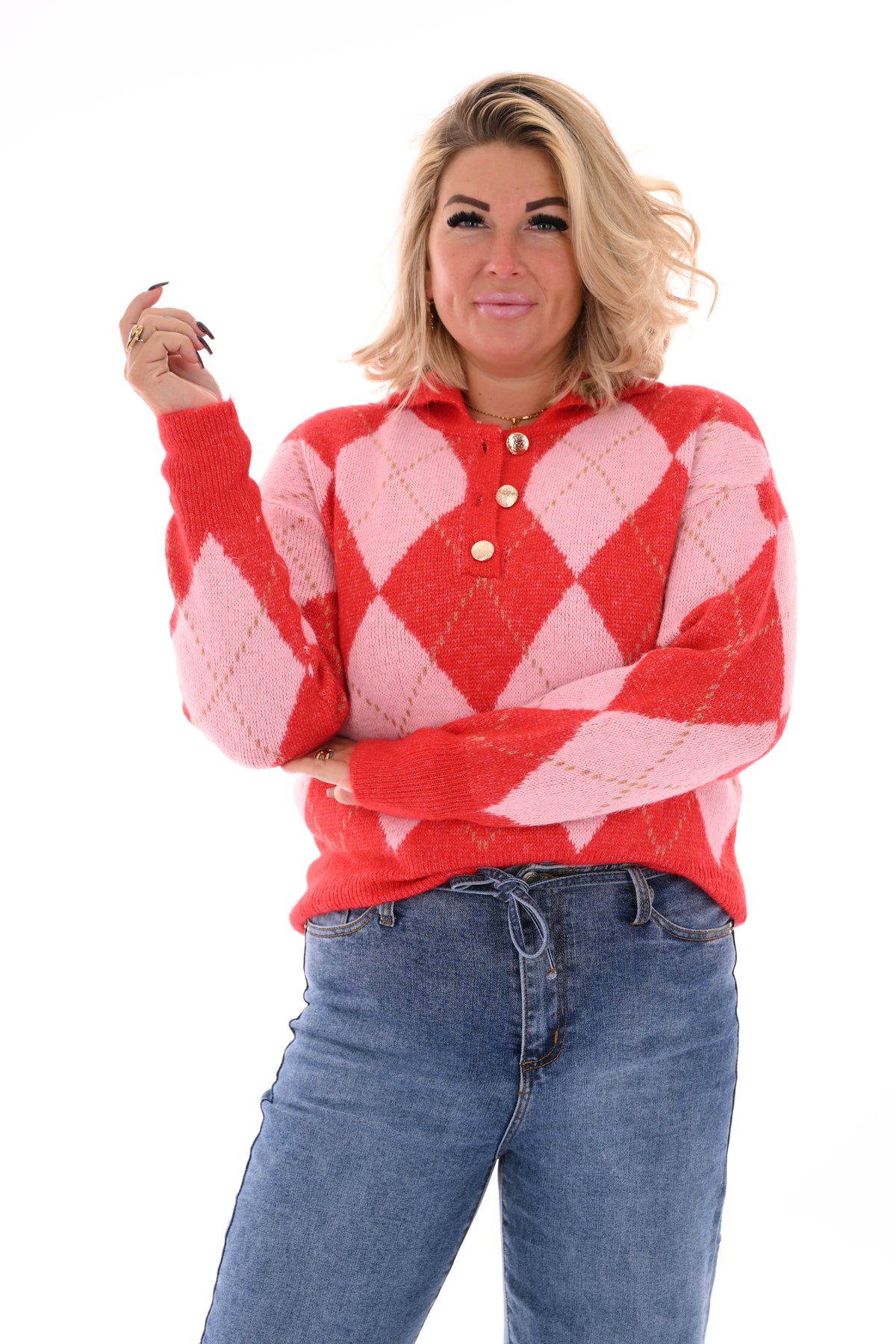 Trui ruiten met kraag rood