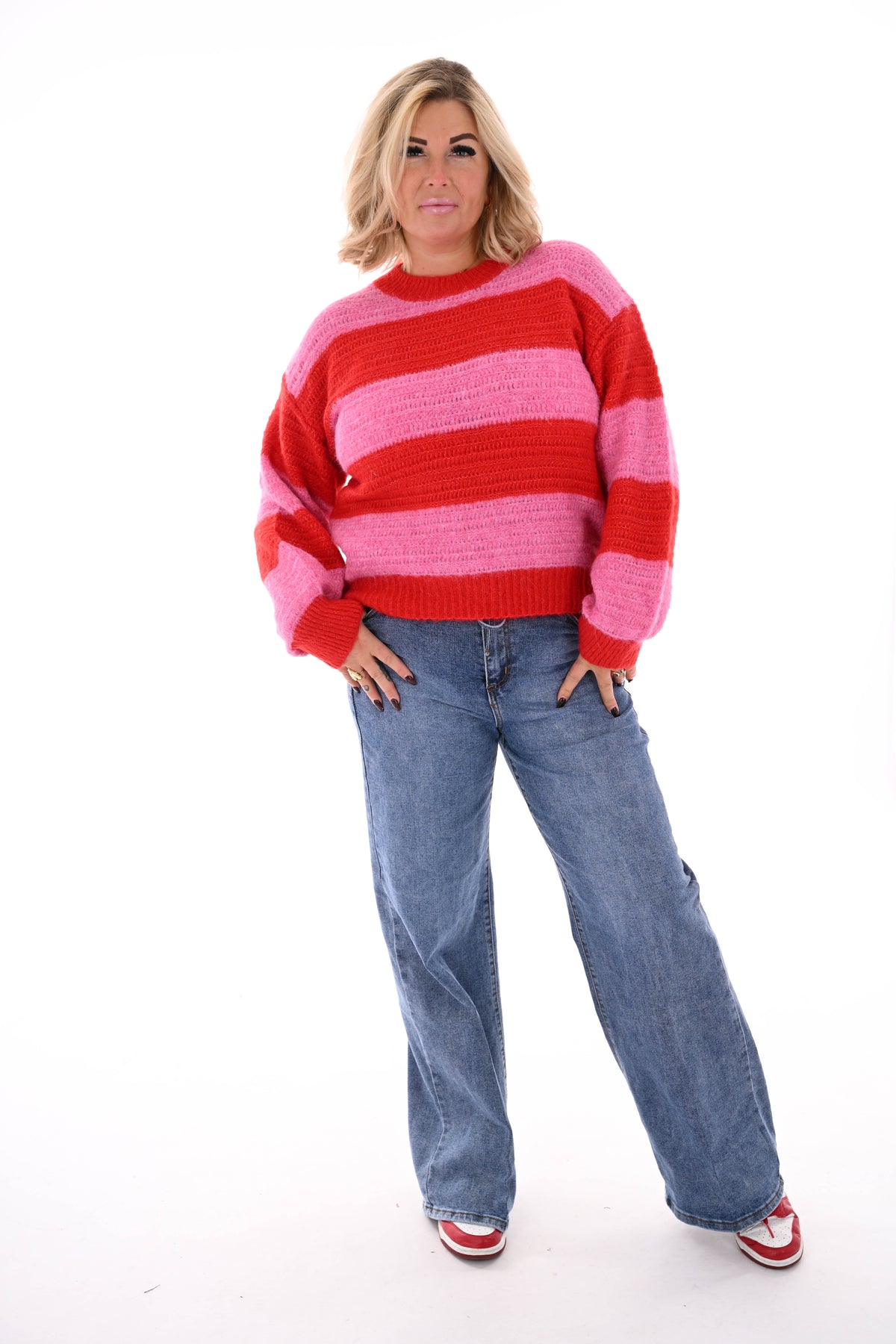 Gebreide trui brede streep roze/rood