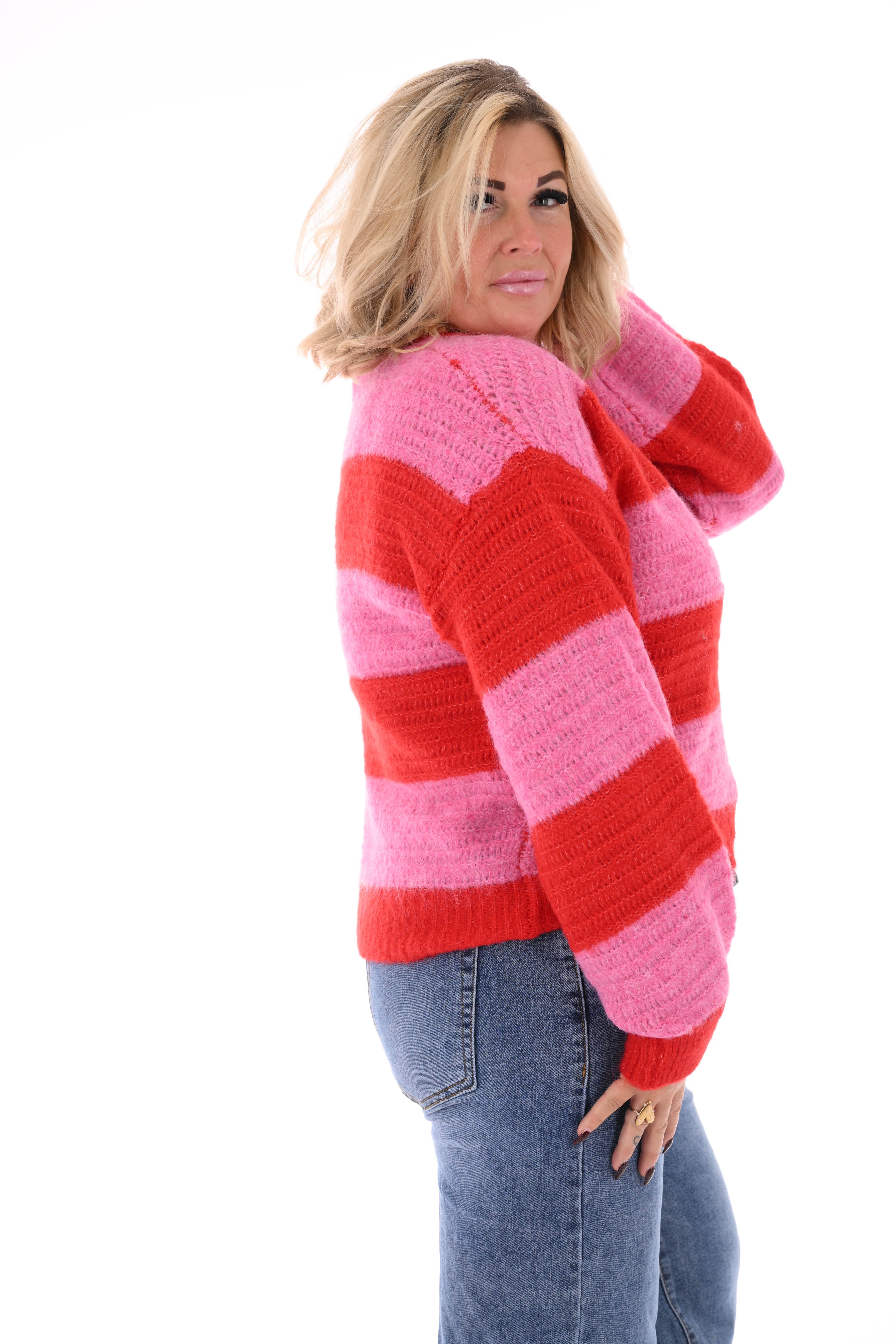Gebreide trui brede streep roze/rood