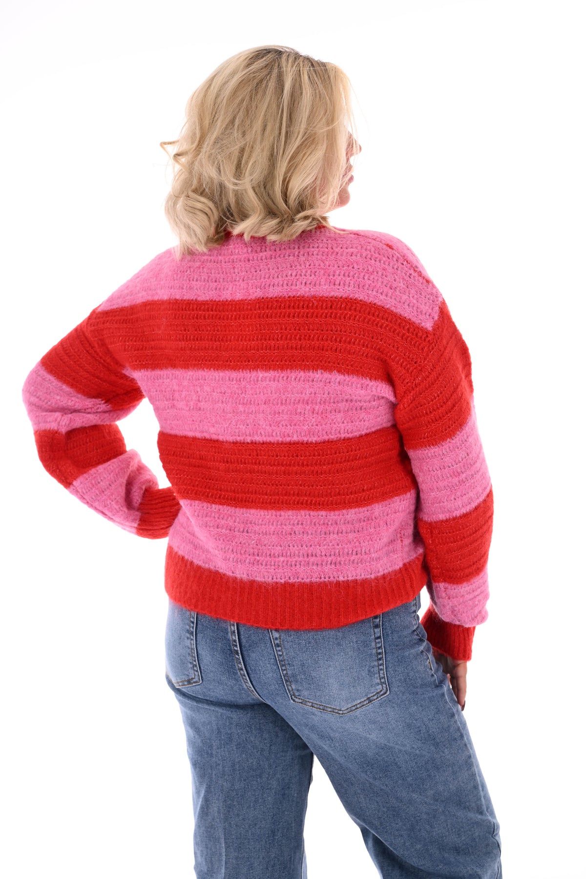 Gebreide trui brede streep roze/rood