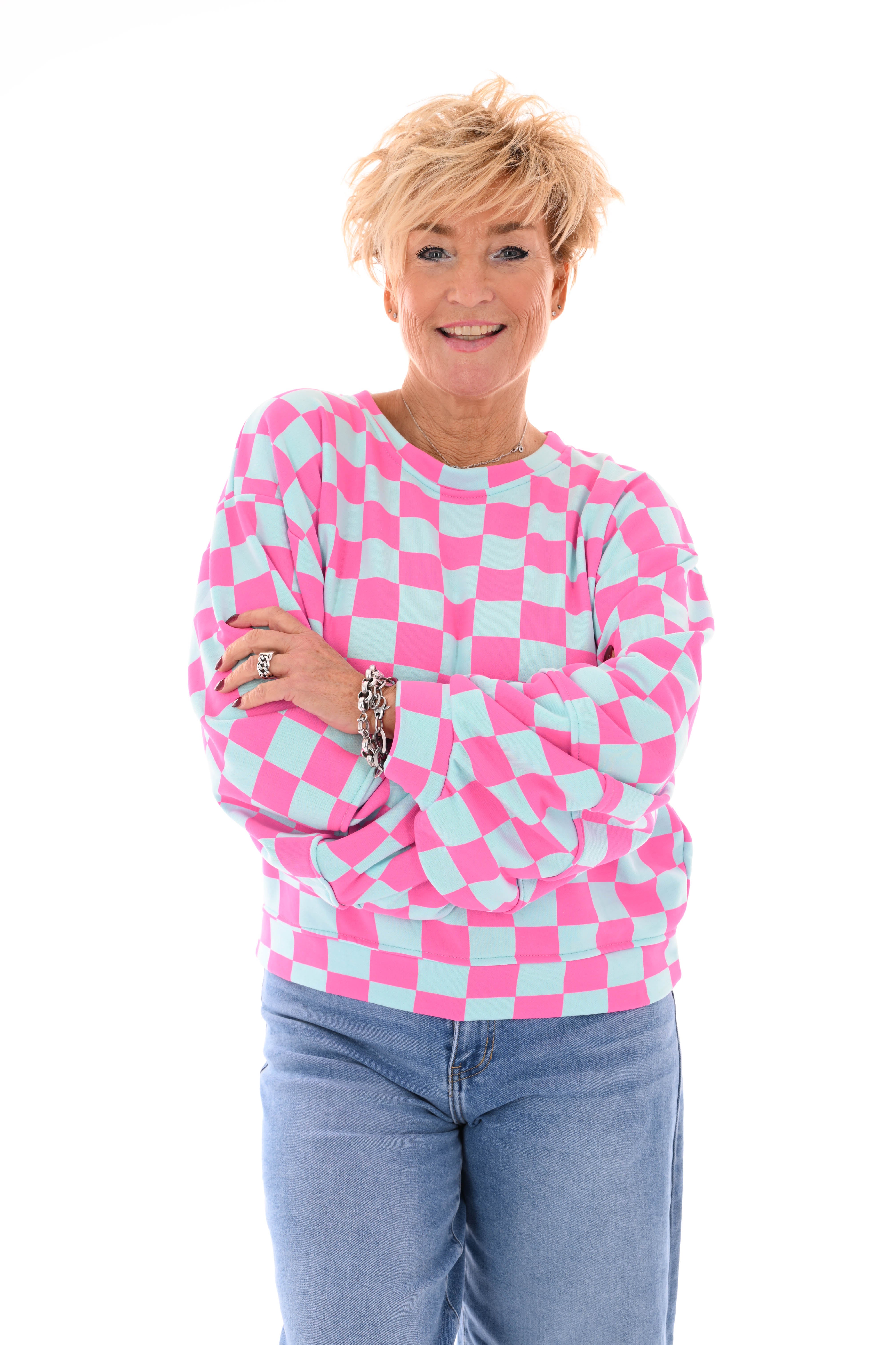 Geblokte sweater lichtblauw/roze