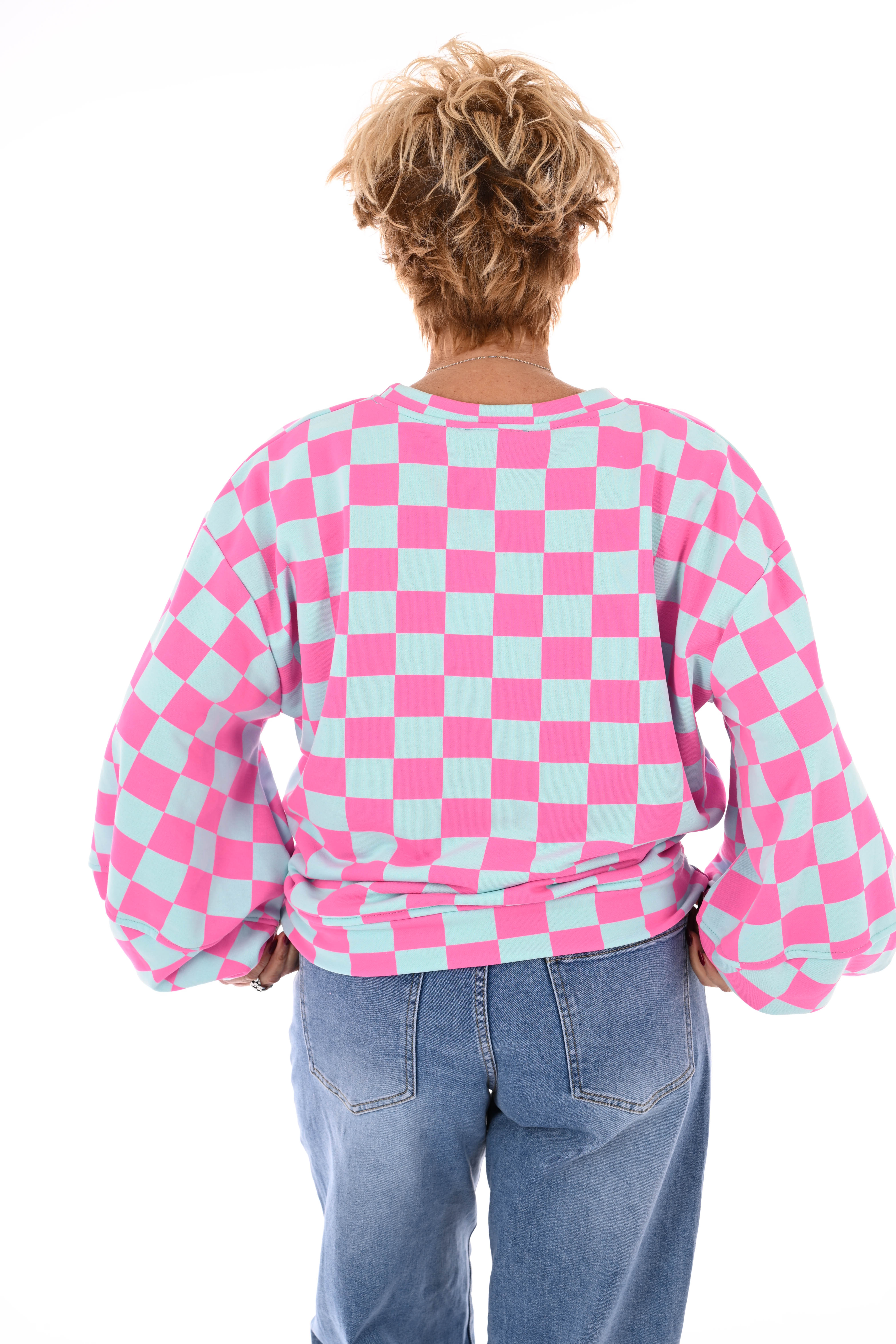 Geblokte sweater lichtblauw/roze