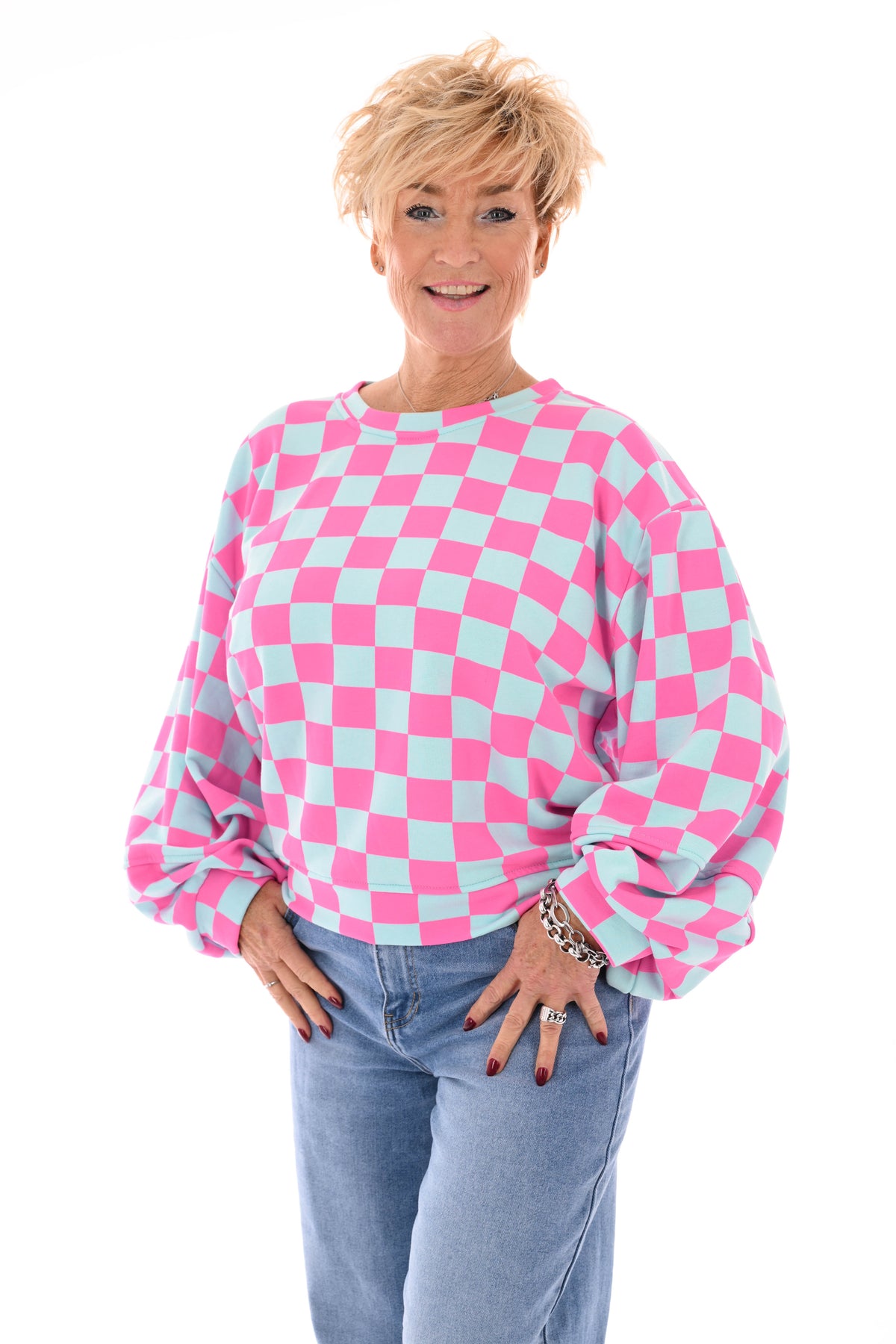 Geblokte sweater lichtblauw/roze
