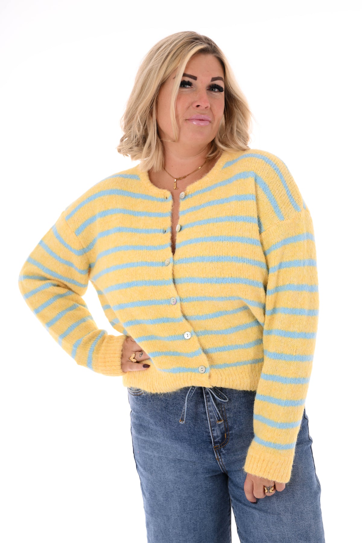 Fijn gebreid vest strepen geel