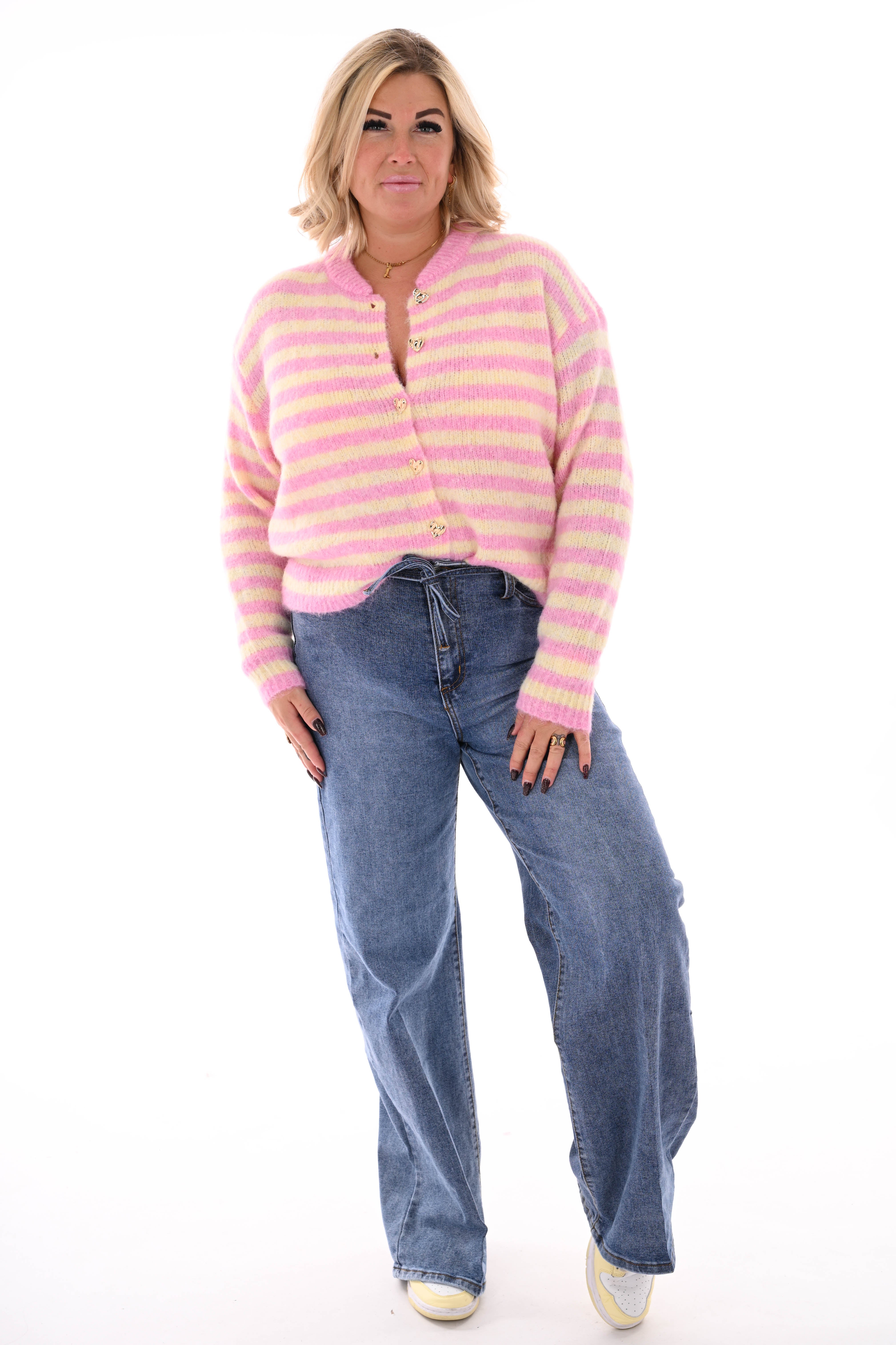 Vest gestreept hartjes knoop lichtroze/geel