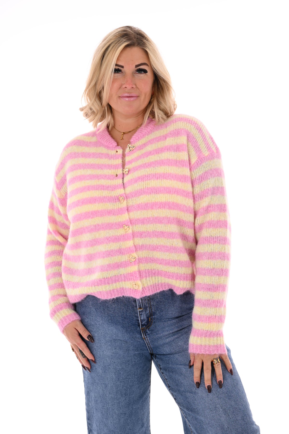 Vest gestreept hartjes knoop lichtroze/geel