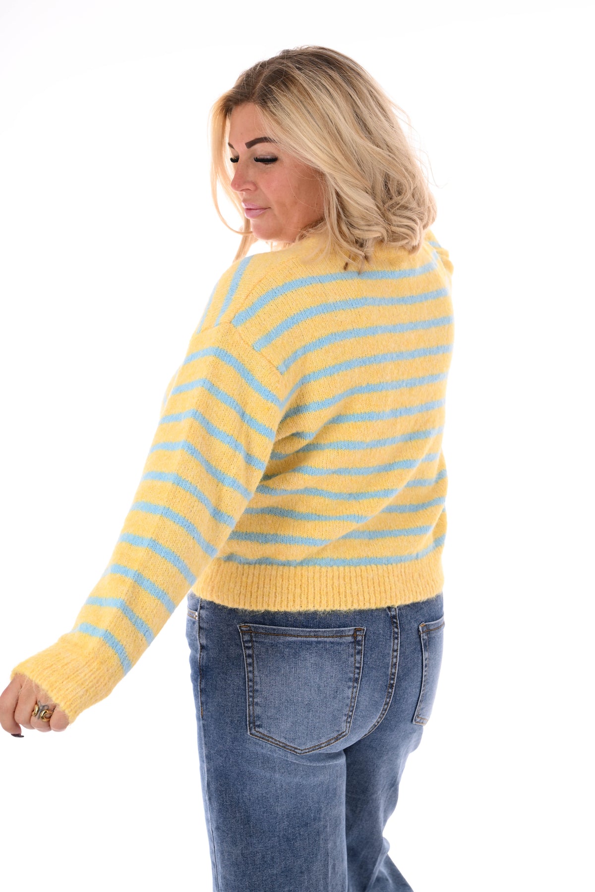 Fijn gebreide trui met strepen ronde hals geel