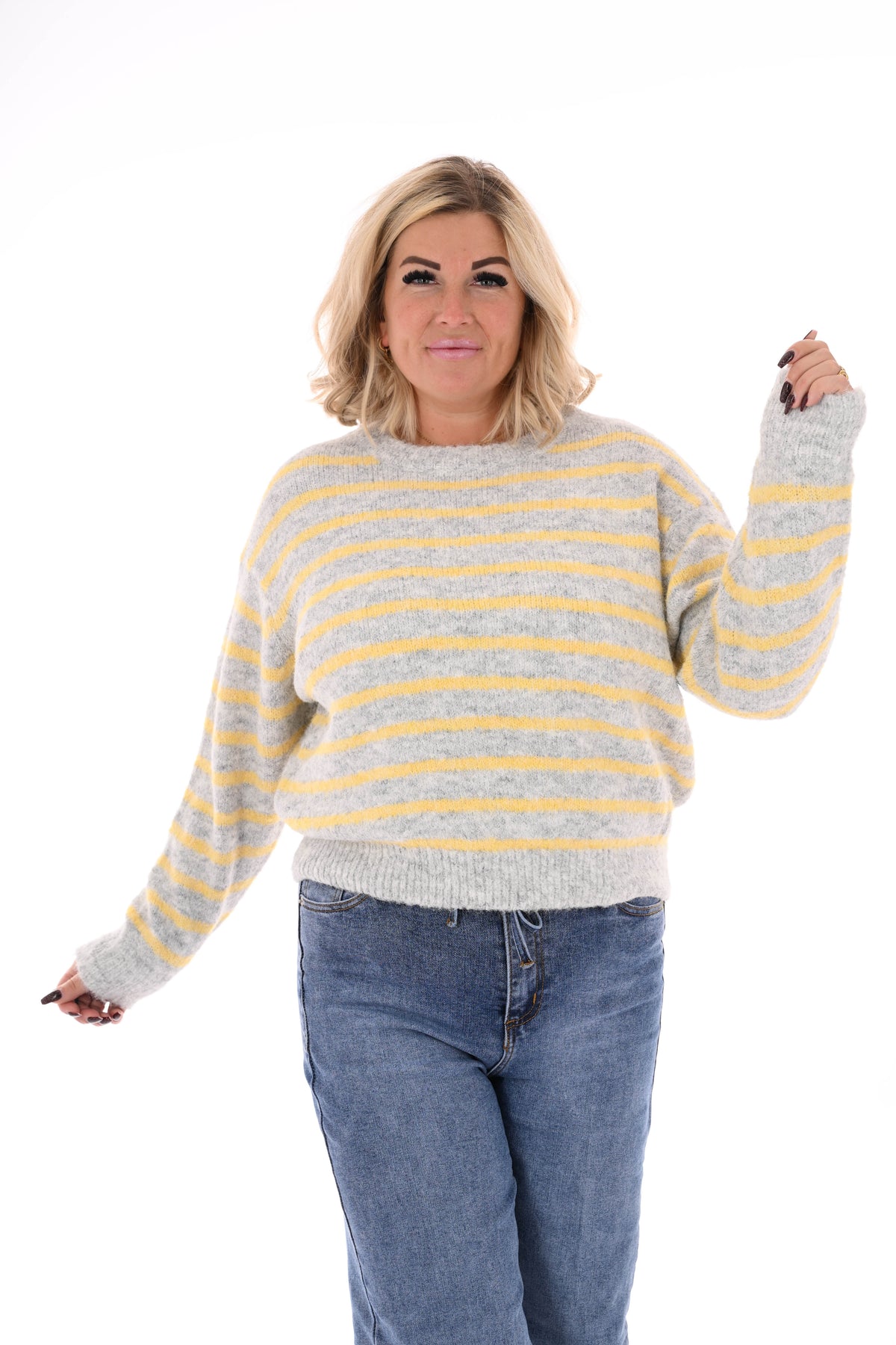 Fijn gebreide trui met strepen ronde hals grijs