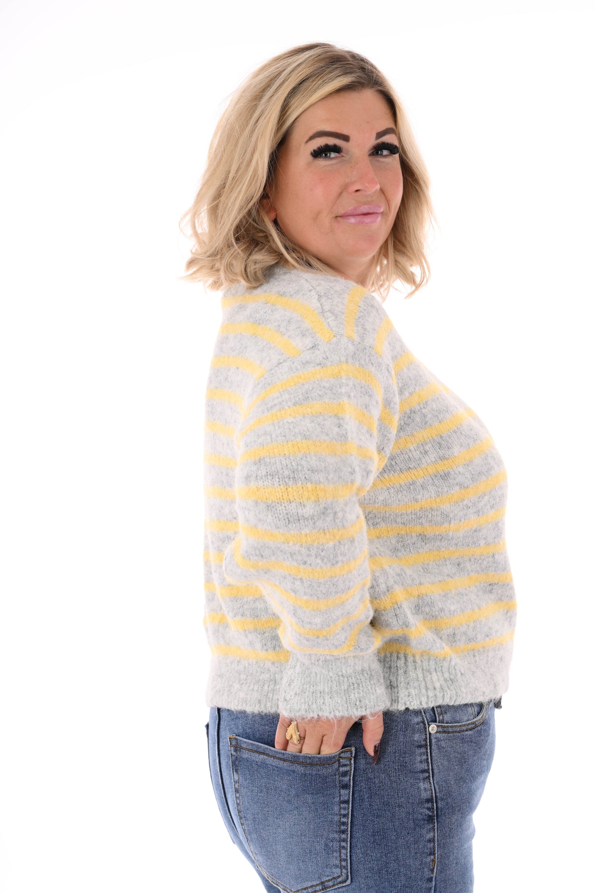 Fijn gebreide trui met strepen ronde hals grijs