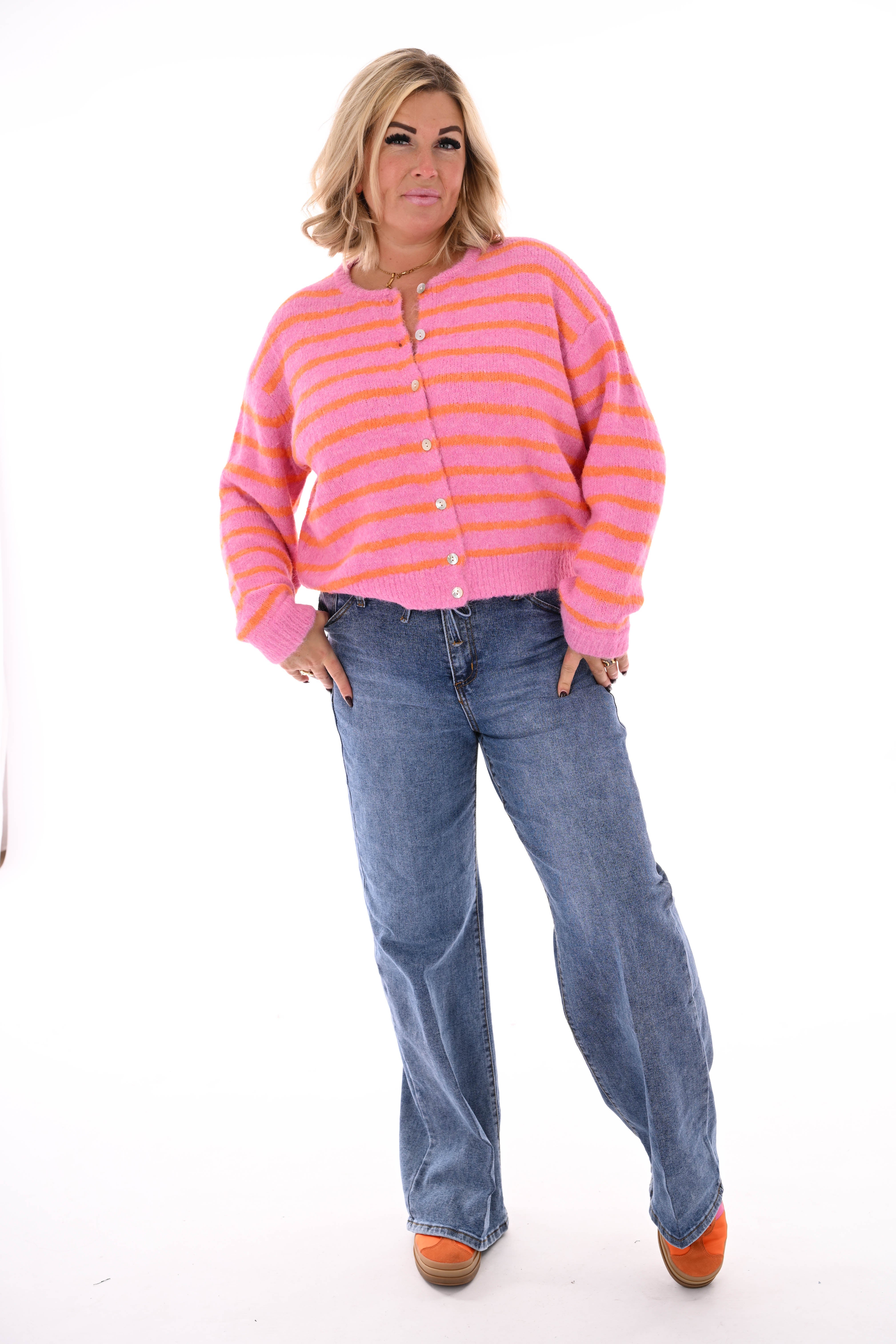 Fijn gebreid vest strepen roze