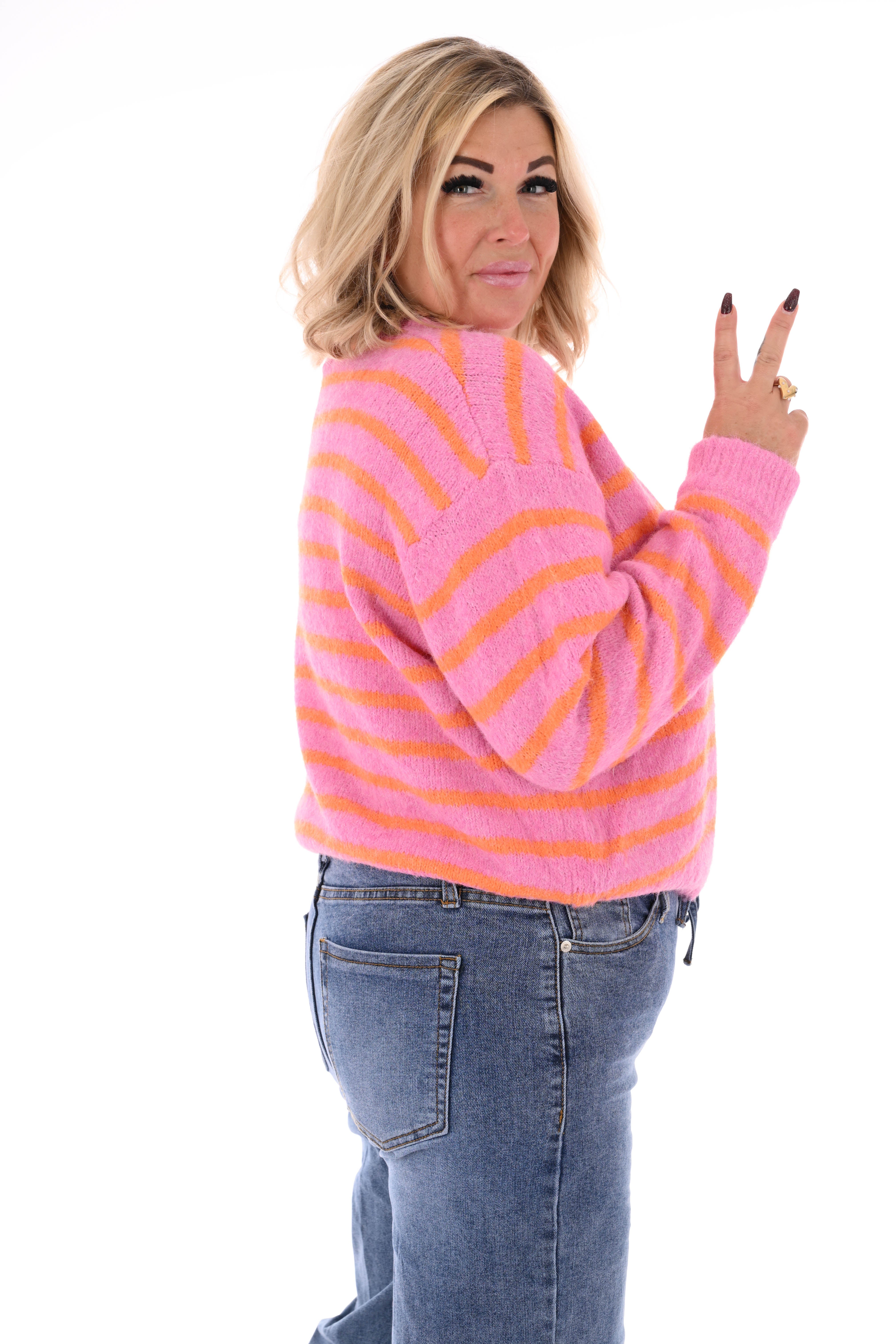 Fijn gebreid vest strepen roze