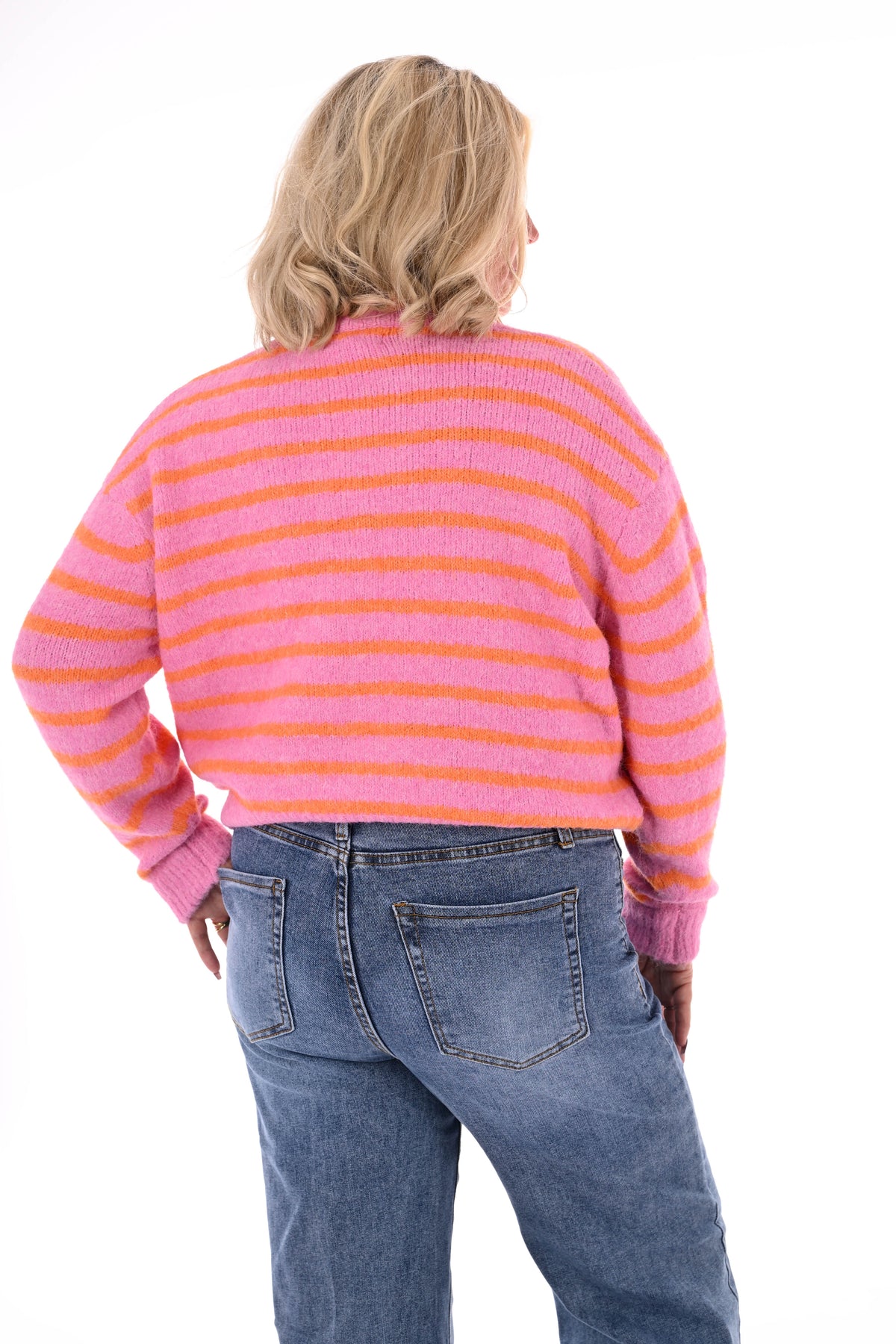 Fijn gebreid vest strepen roze