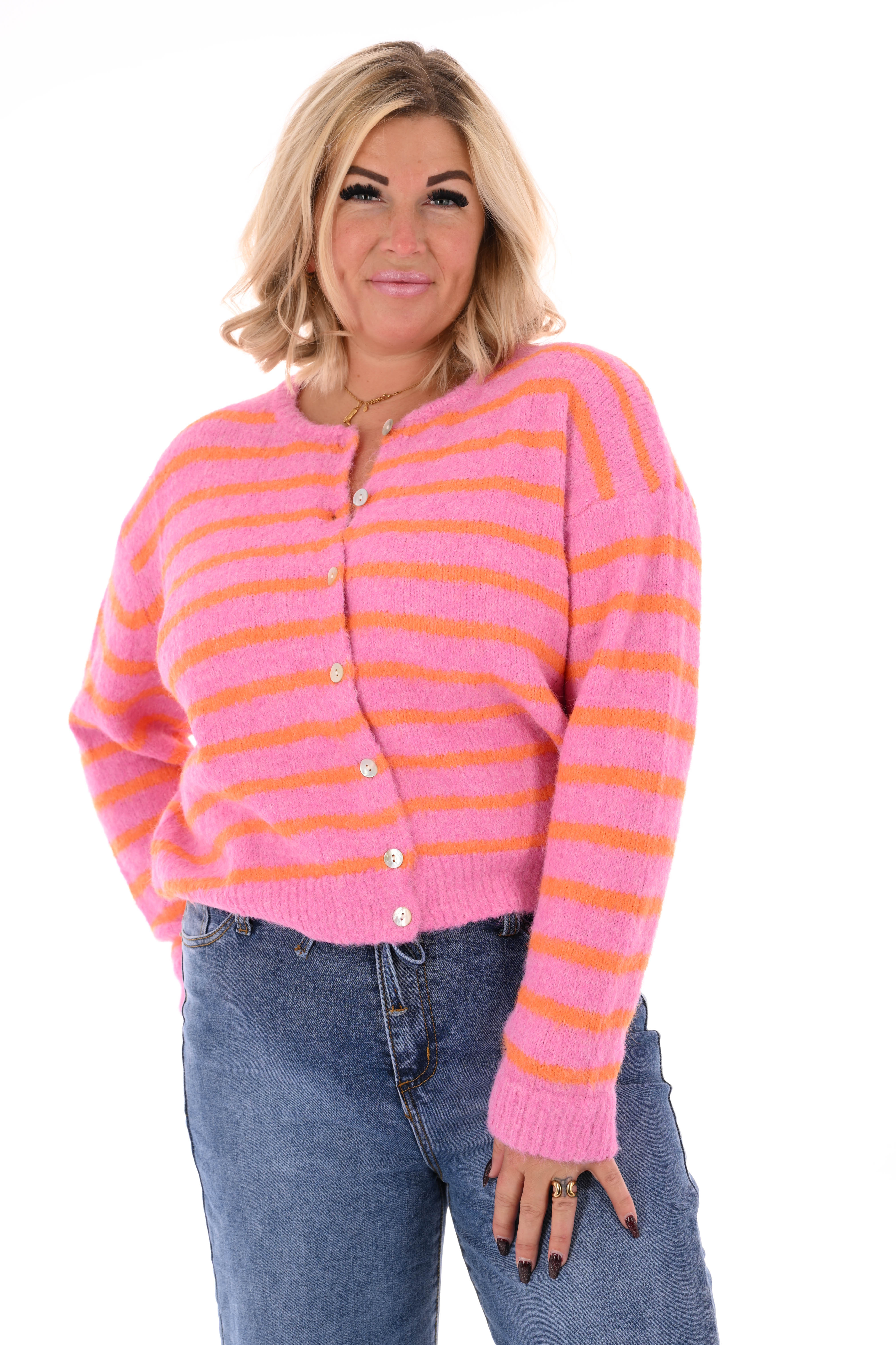 Fijn gebreid vest strepen roze