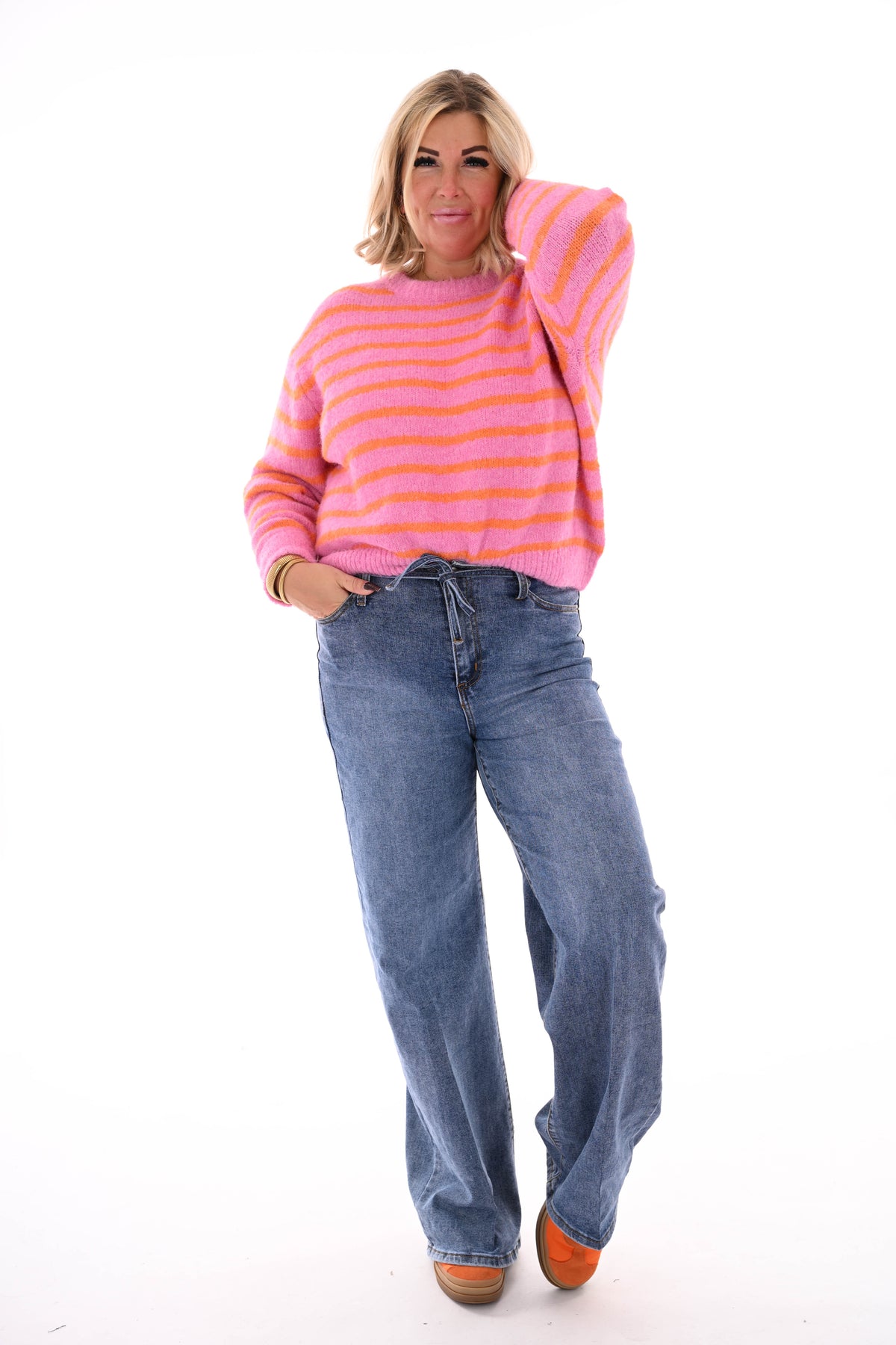 Fijn gebreide trui met strepen ronde hals roze