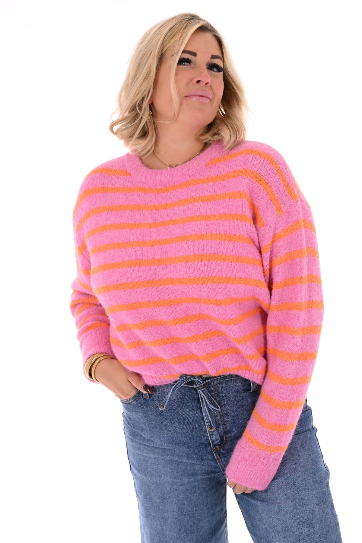 Fijn gebreide trui met strepen ronde hals roze