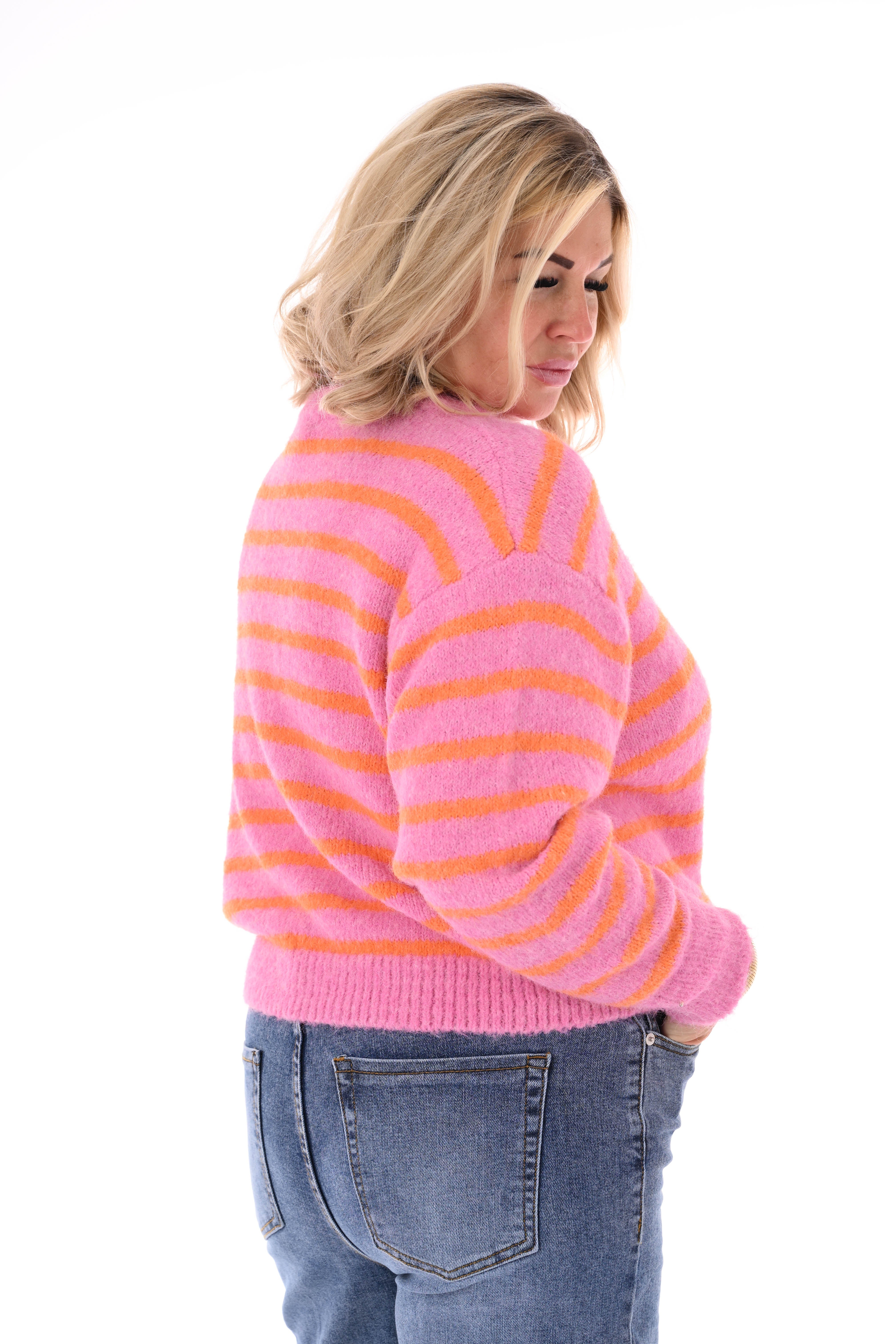 Fijn gebreide trui met strepen ronde hals roze