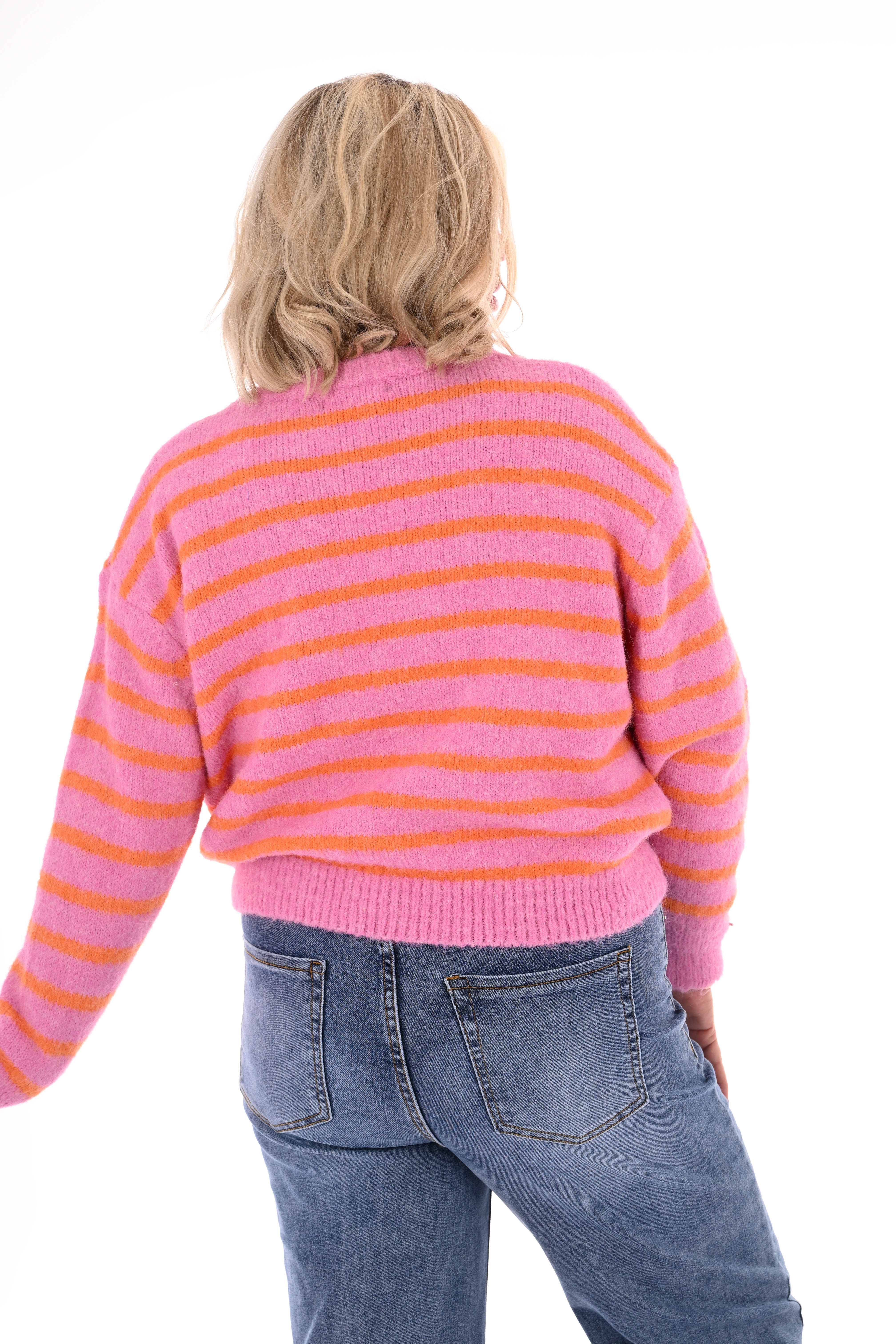 Fijn gebreide trui met strepen ronde hals roze