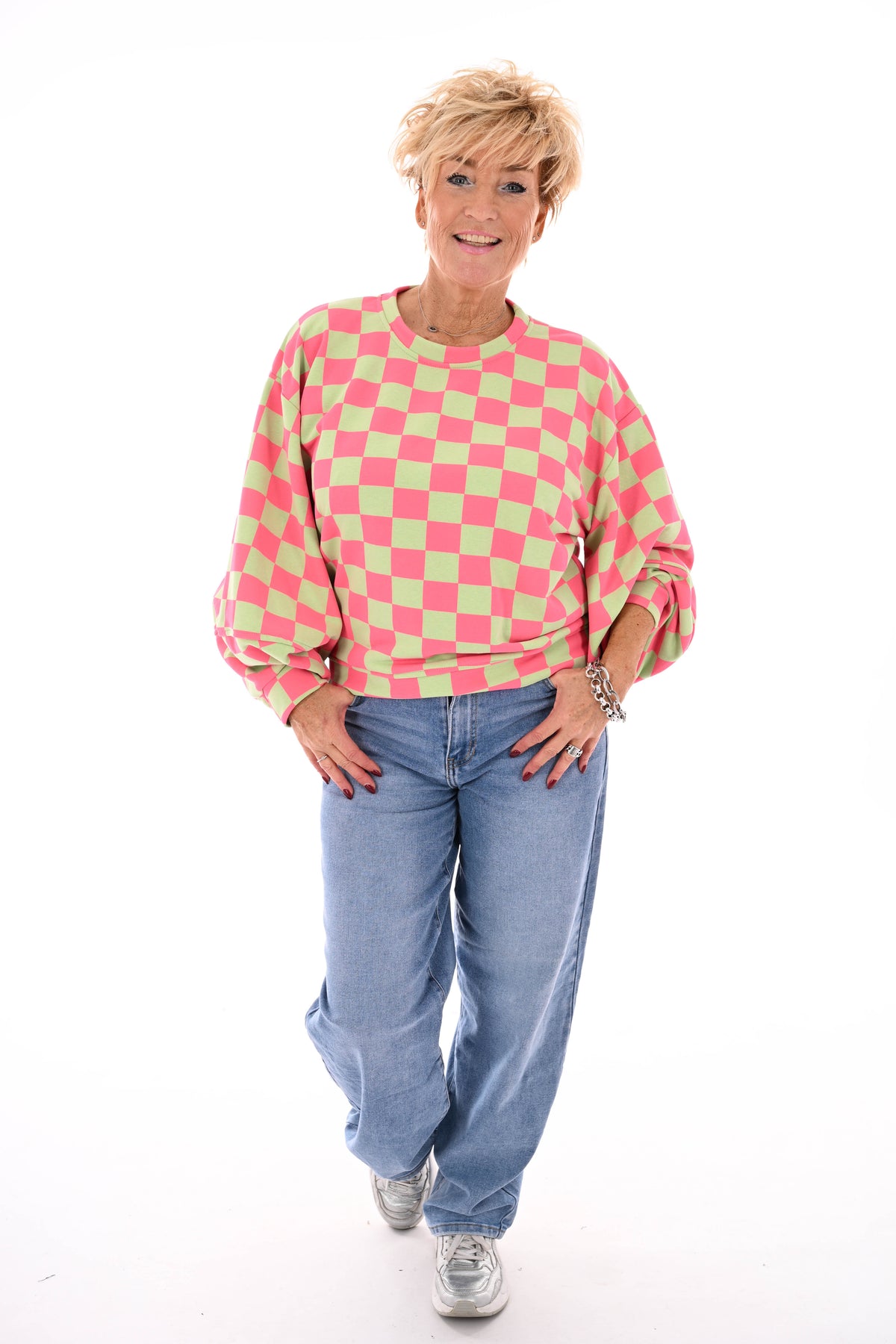 Geblokte sweater roze/lichtgroen