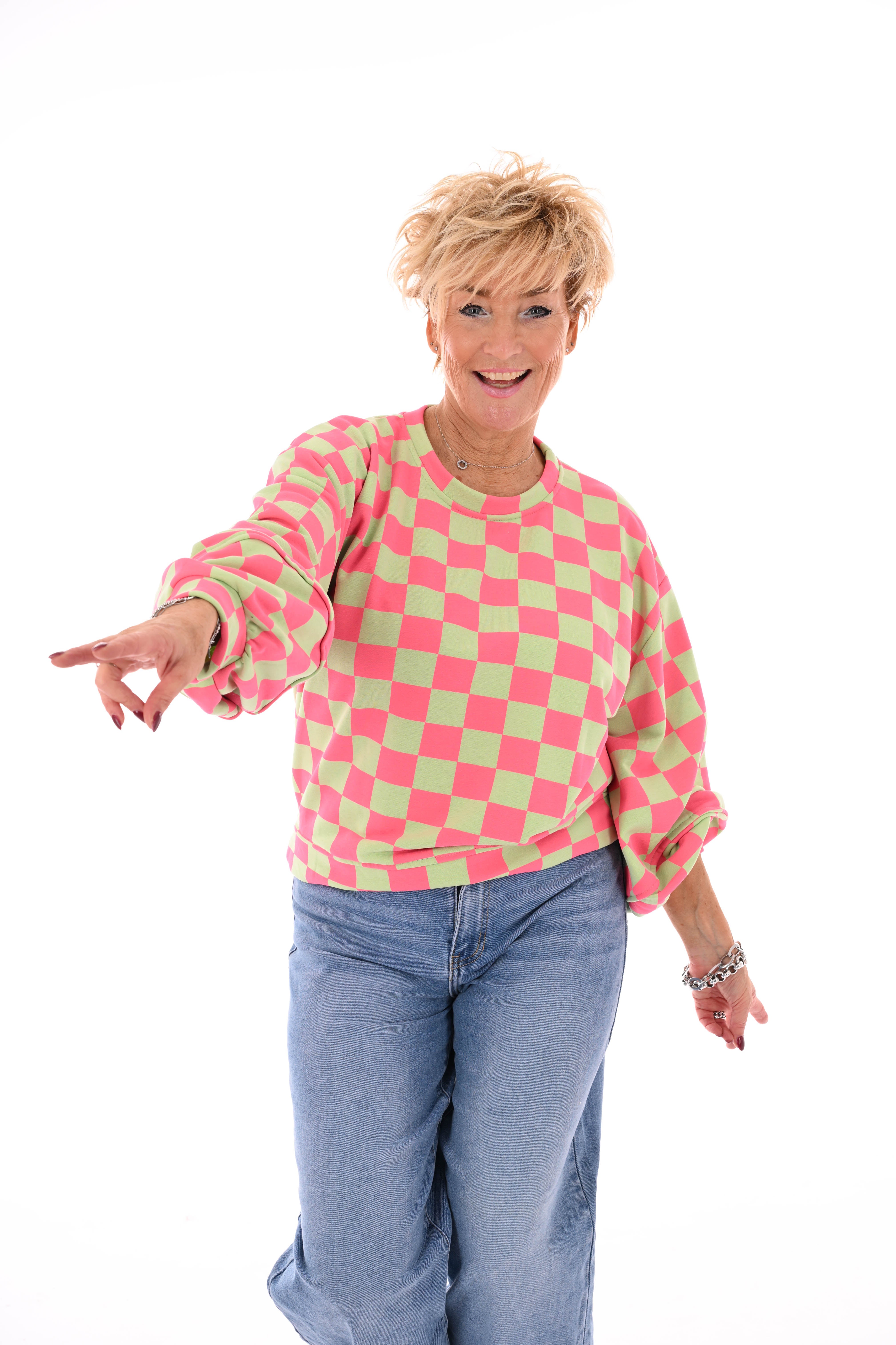 Geblokte sweater roze/lichtgroen