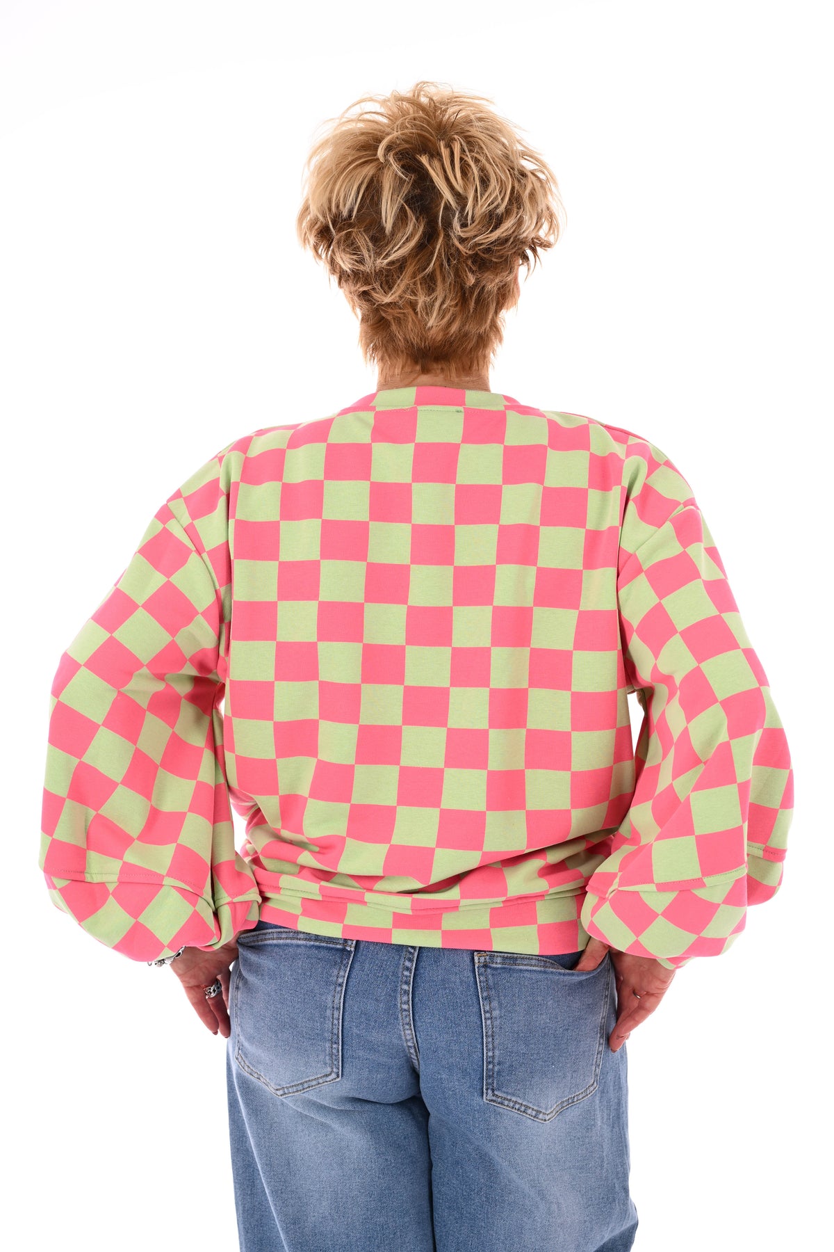 Geblokte sweater roze/lichtgroen