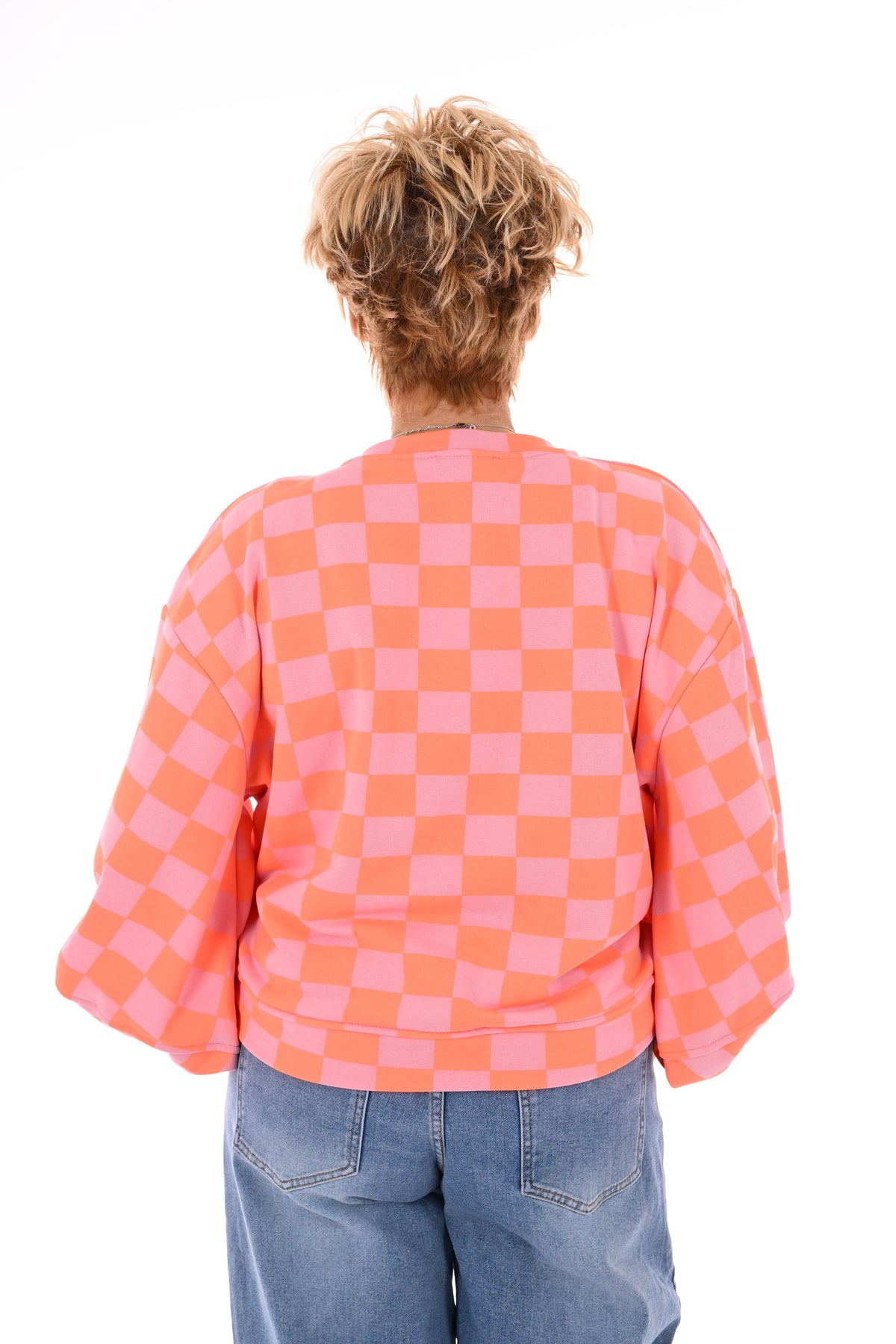 Geblokte sweater lichtroze/oranje