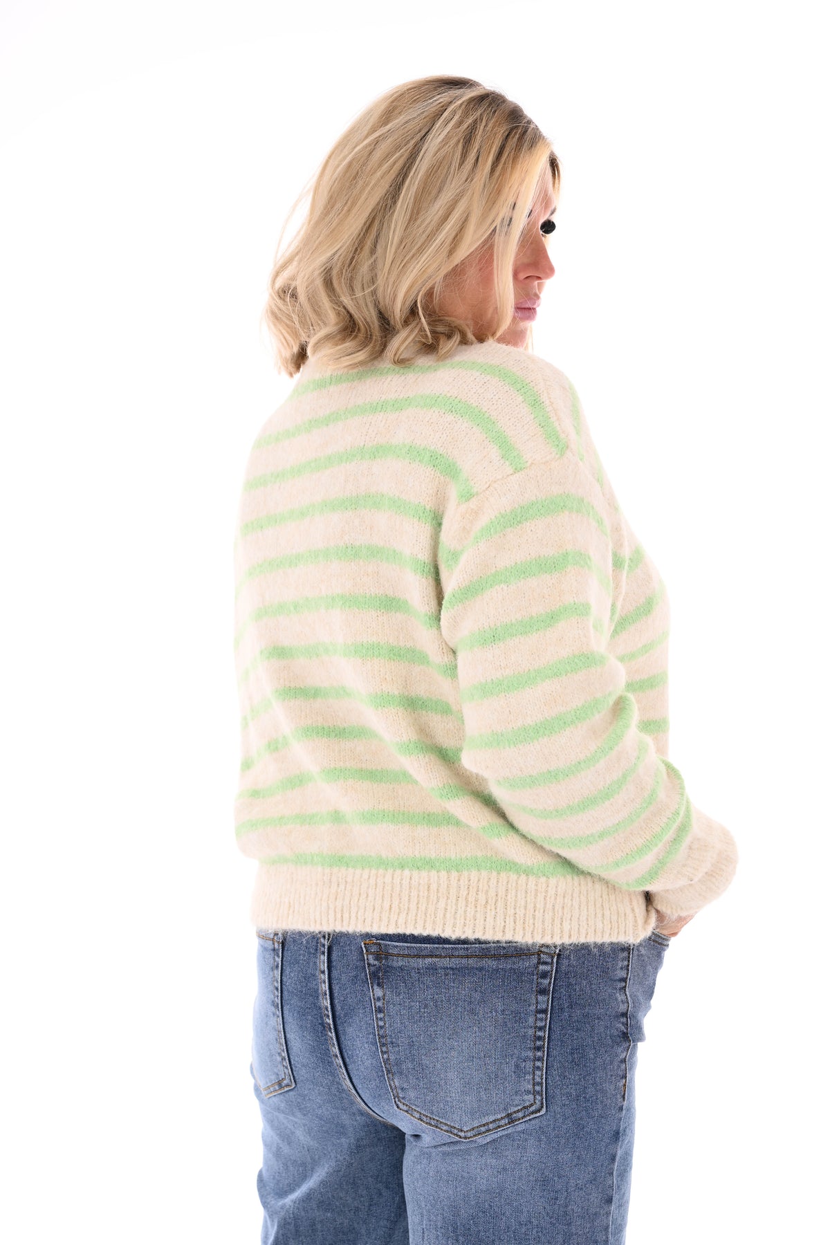 Fijn gebreide trui met strepen ronde hals creme