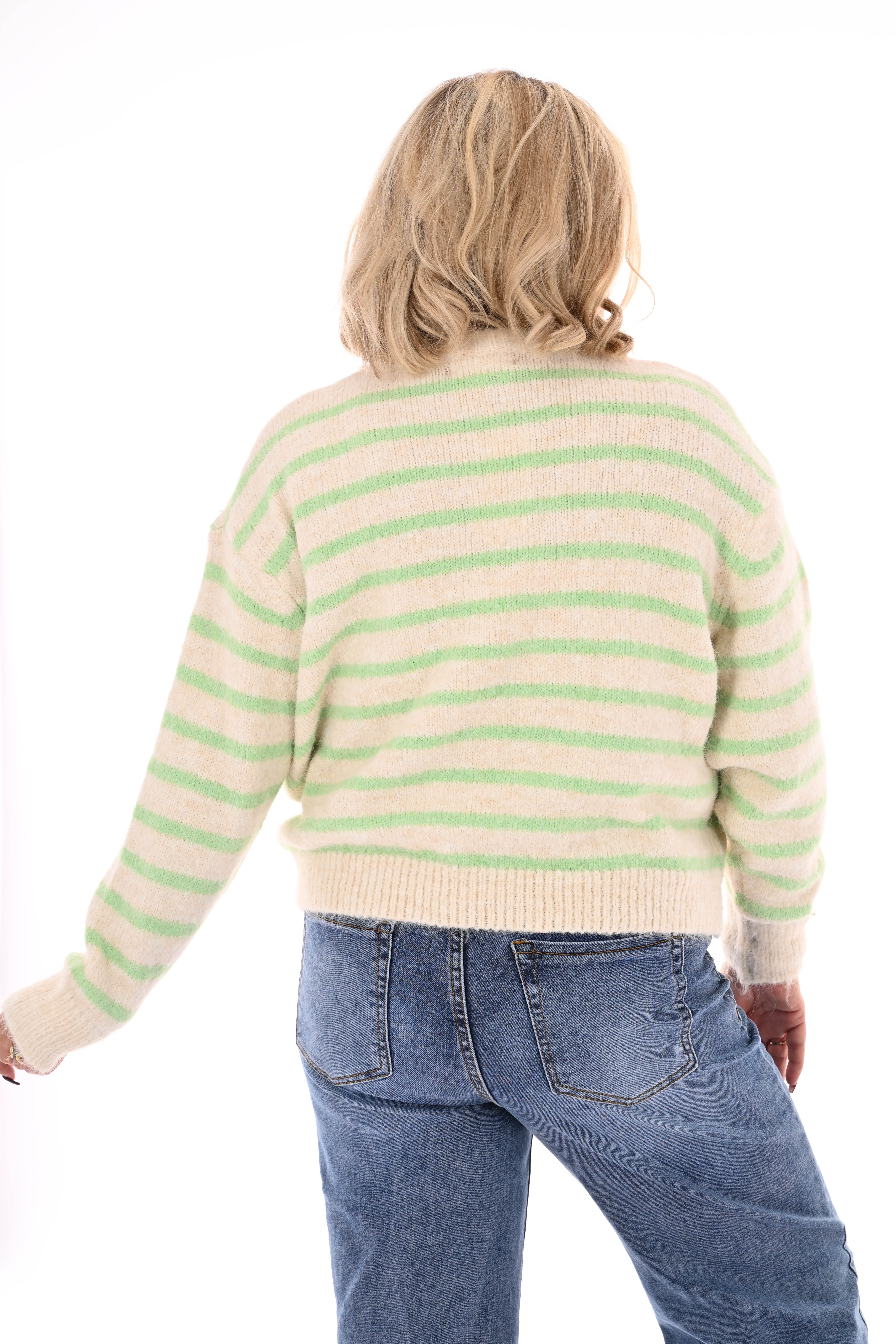 Fijn gebreide trui met strepen ronde hals creme