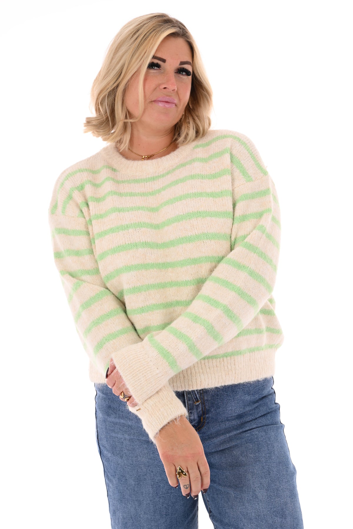 Fijn gebreide trui met strepen ronde hals creme