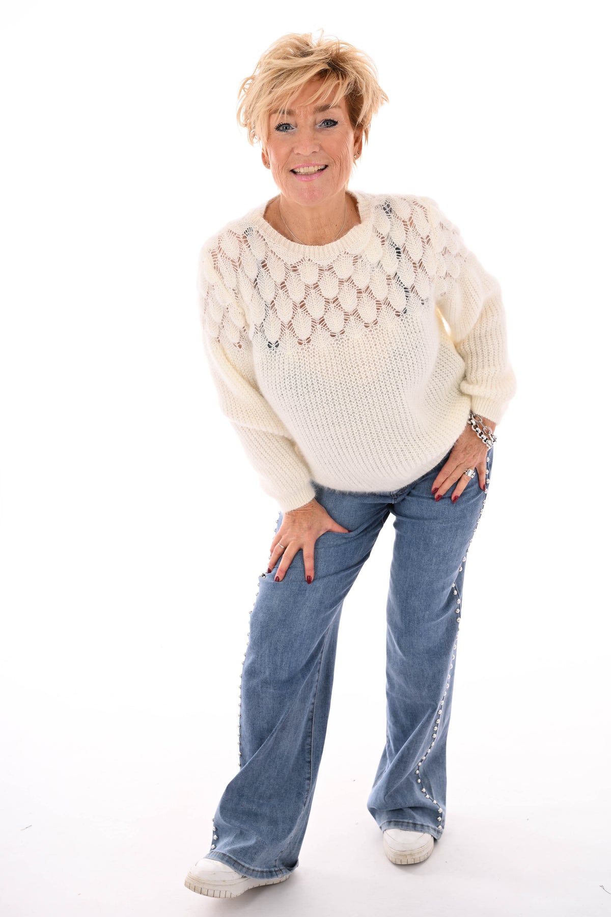 Gehaakte trui hals detail roomwit