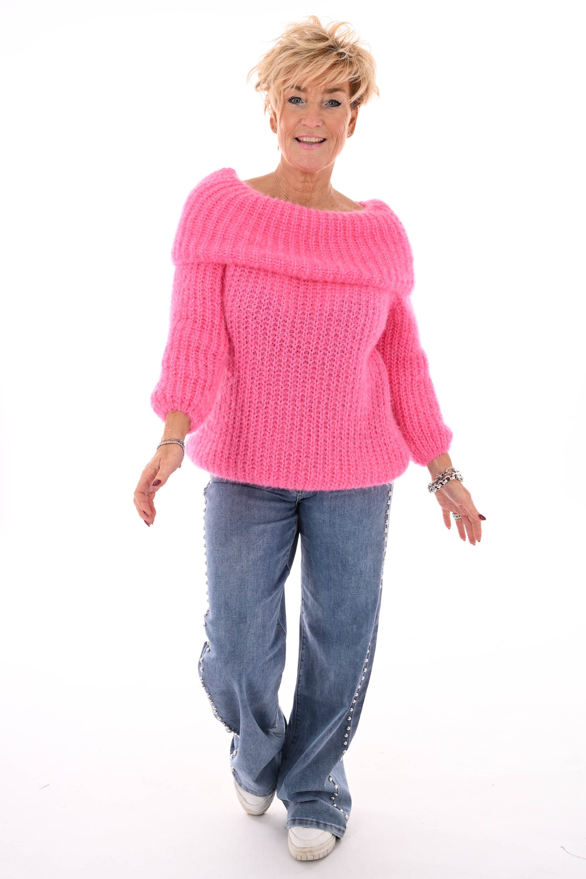 Off-shoulder trui fuchsia