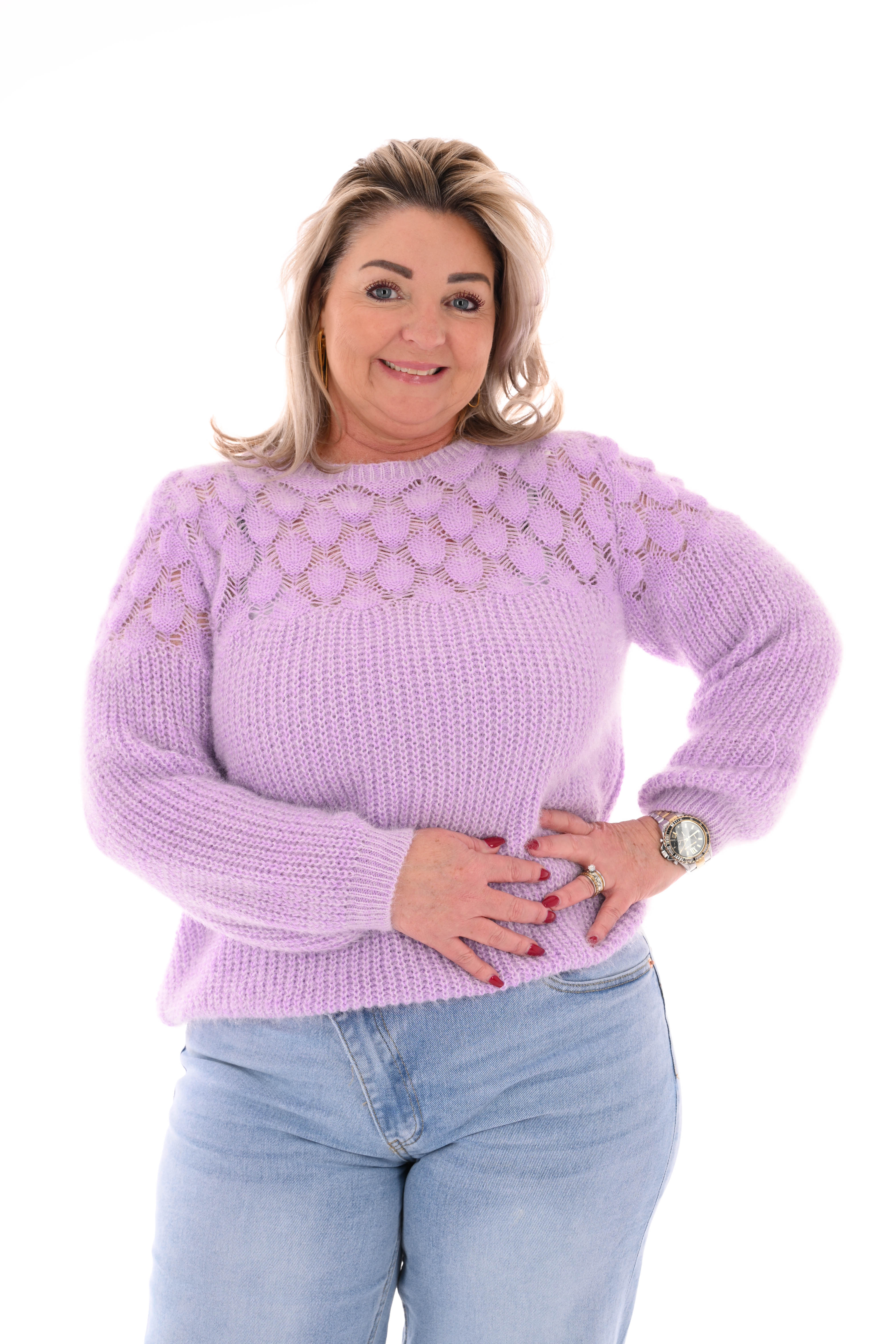 Gehaakte trui hals detail lila